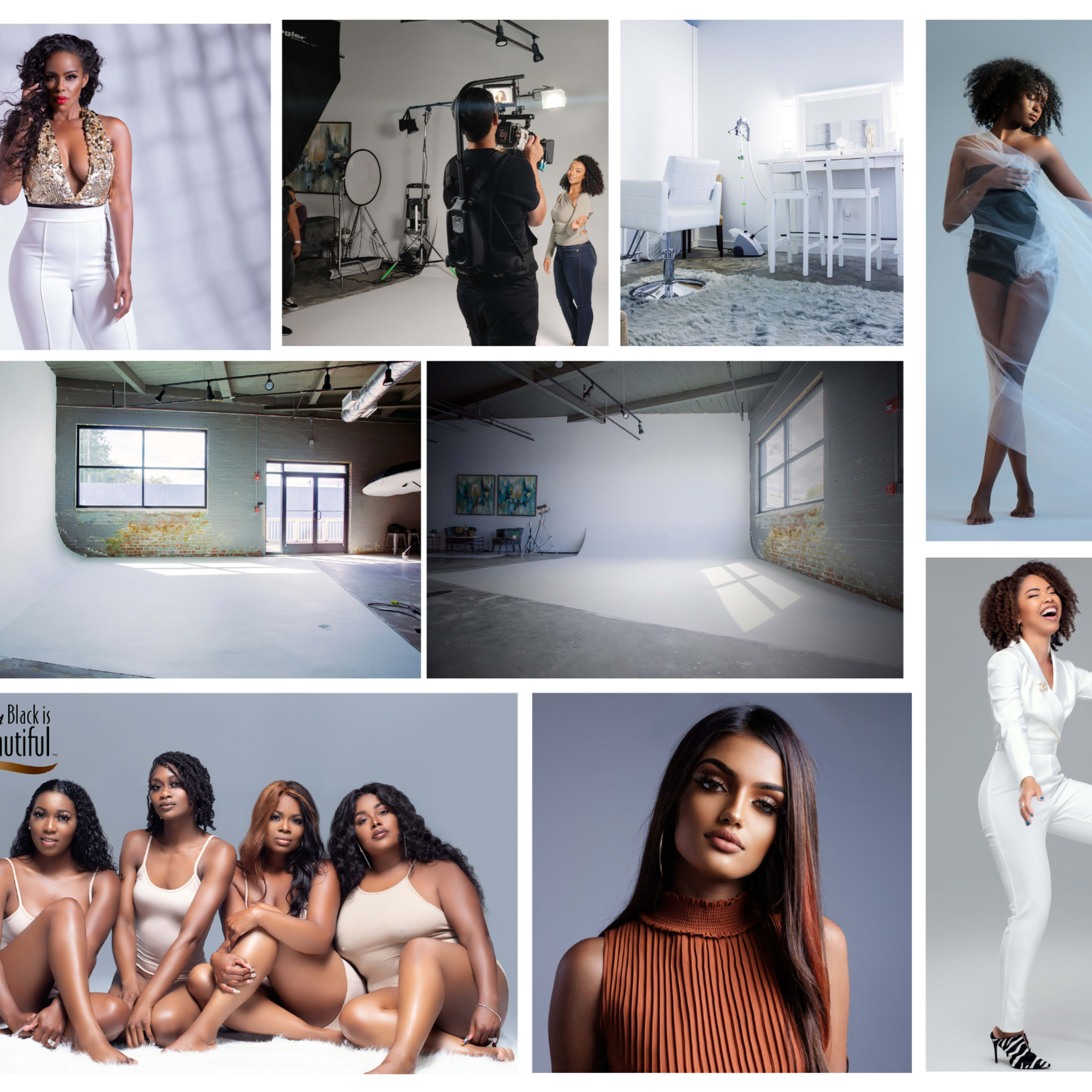 A collage of various scenes including models posing, a studio setup, and a group of women together, illustrating beauty and fashion photography.