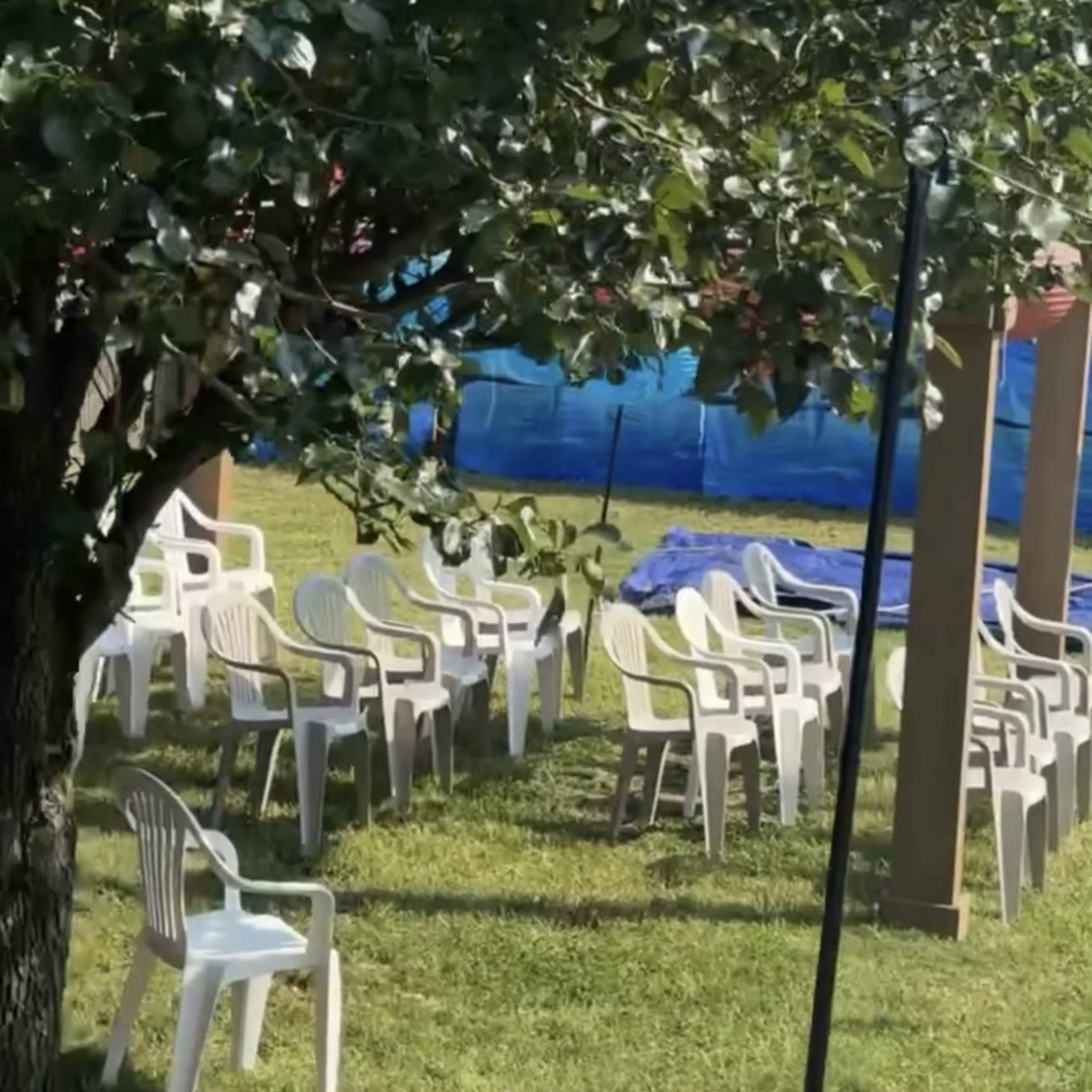 A grassy area with several white plastic chairs arranged under a tree, and a blue tarp in the background.