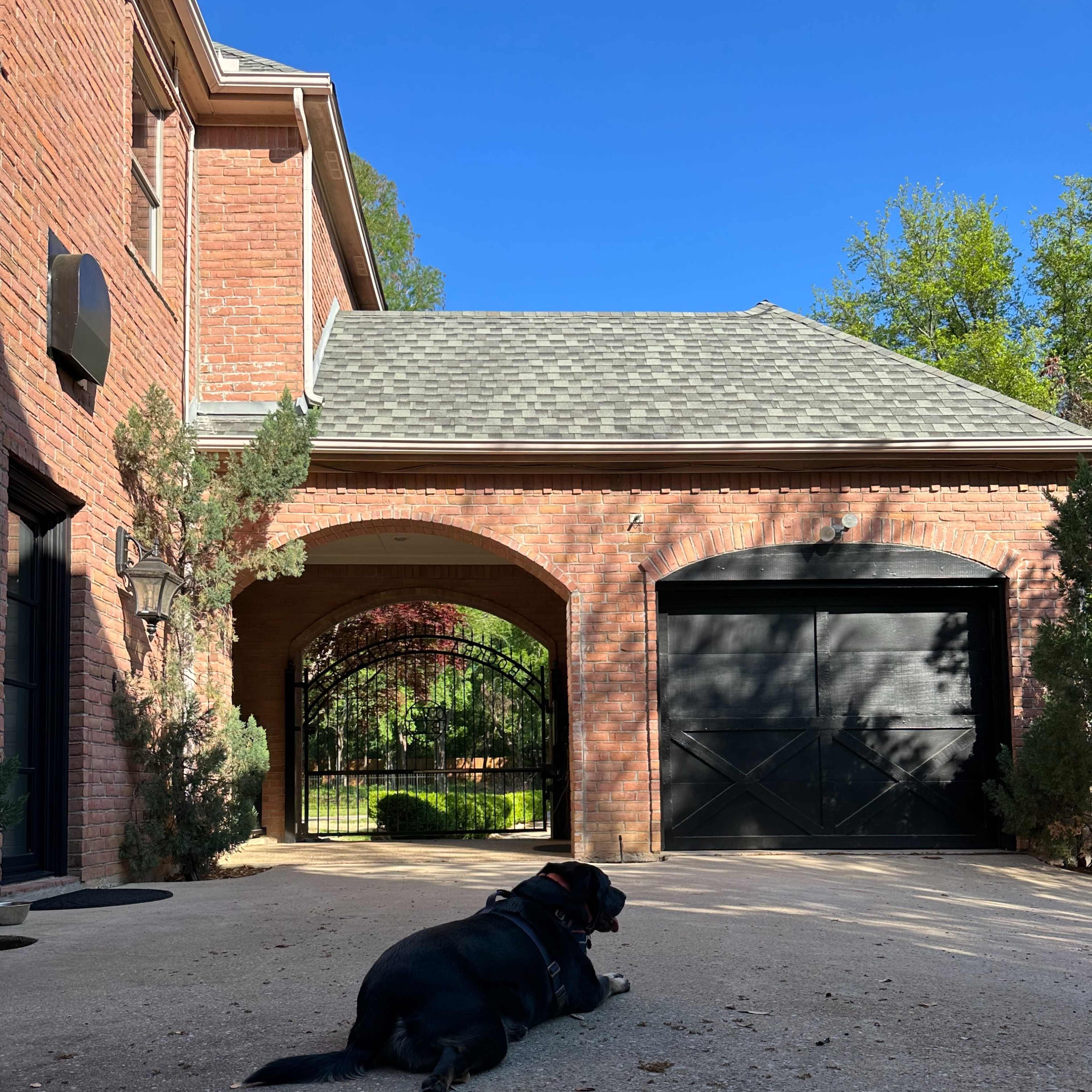 A dog lies on a driveway in front of a brick house with an arched entrance leading to a garage.