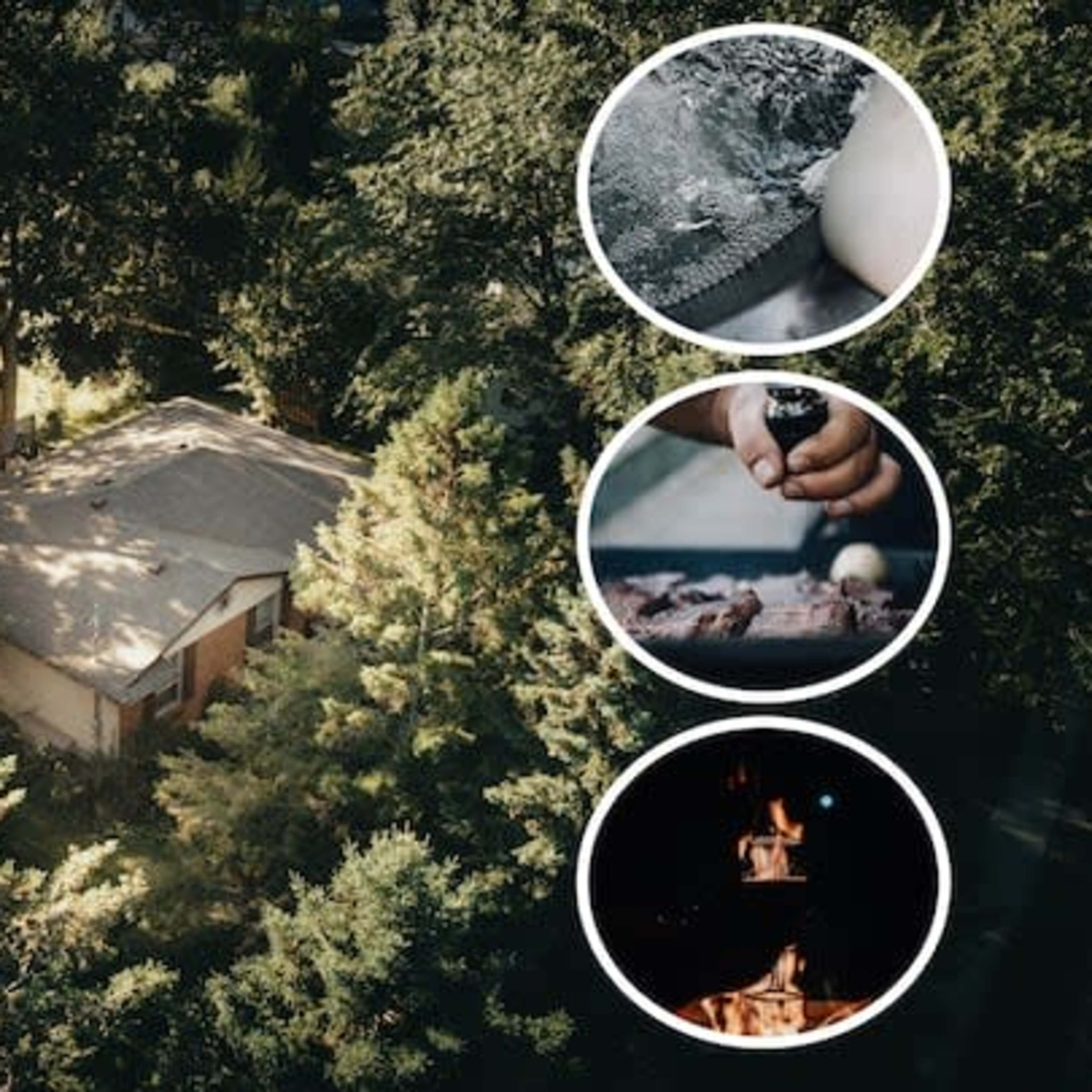 An aerial view shows a small house surrounded by dense trees, accompanied by three circular images depicting various activities or elements related to cooking or outdoor fires.