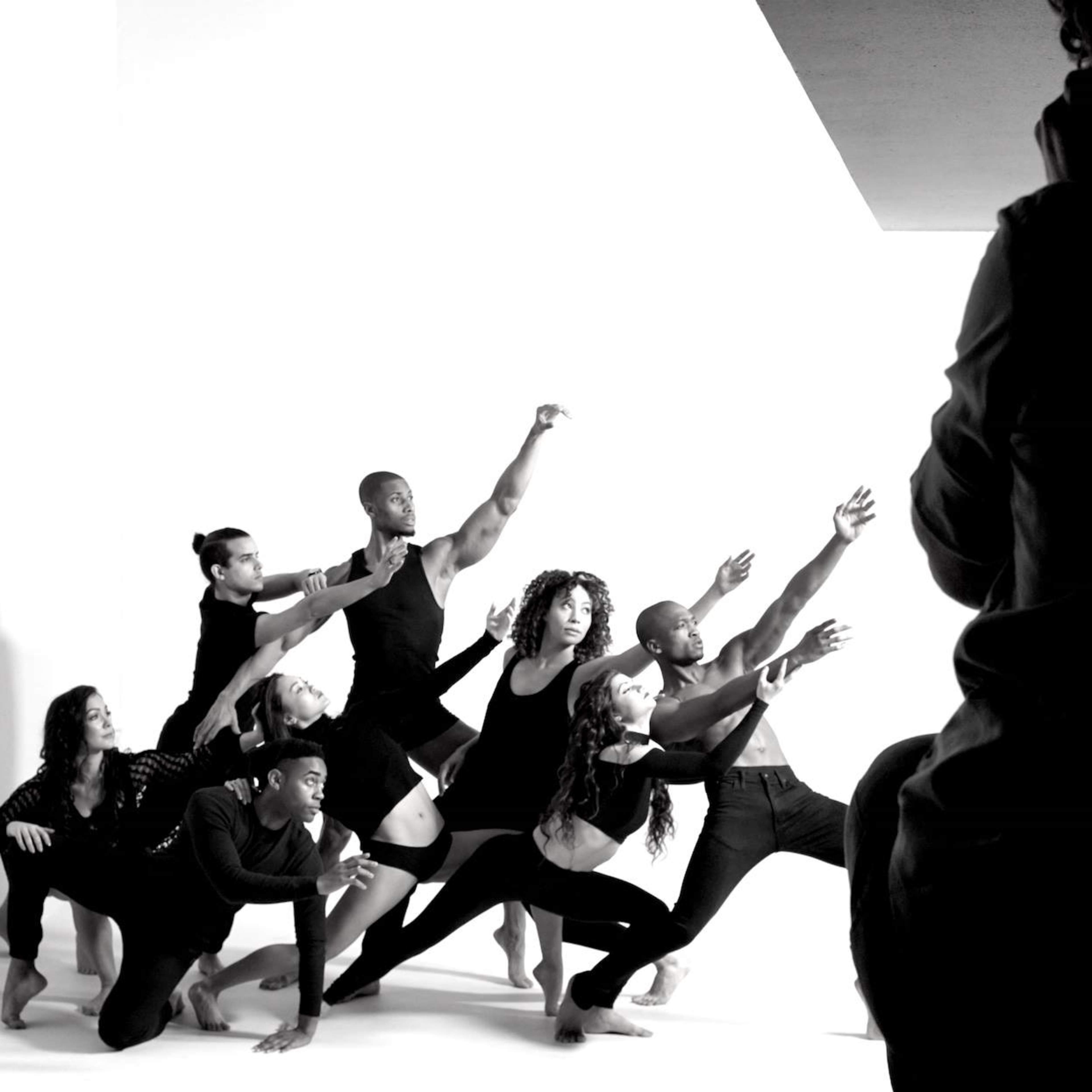 A group of eight dancers poses dynamically in a studio setting with bright, white lighting.