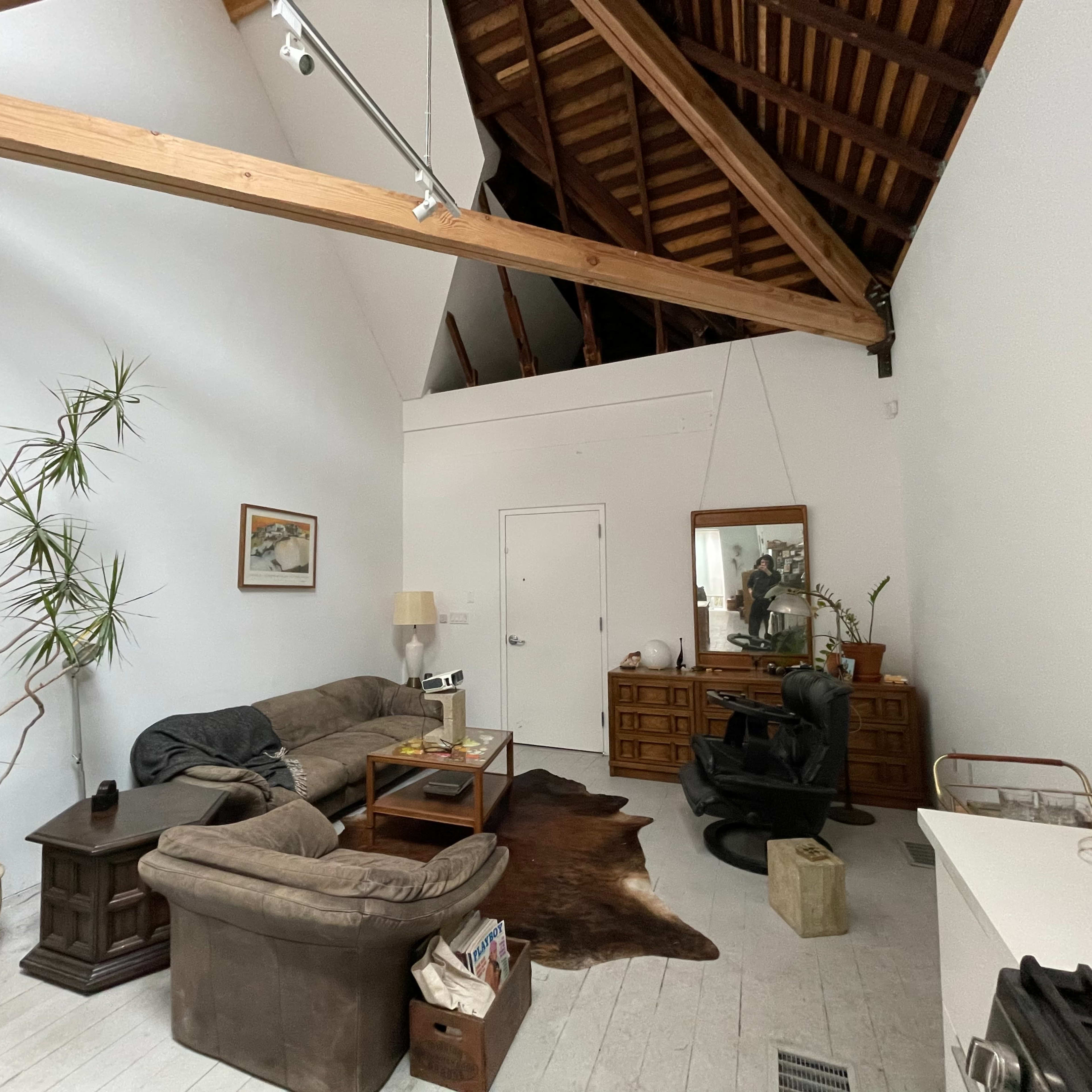 A spacious living area with a sofa, wooden furniture, a tall potted plant, and a mirror on the wall beneath a high, exposed wooden ceiling.