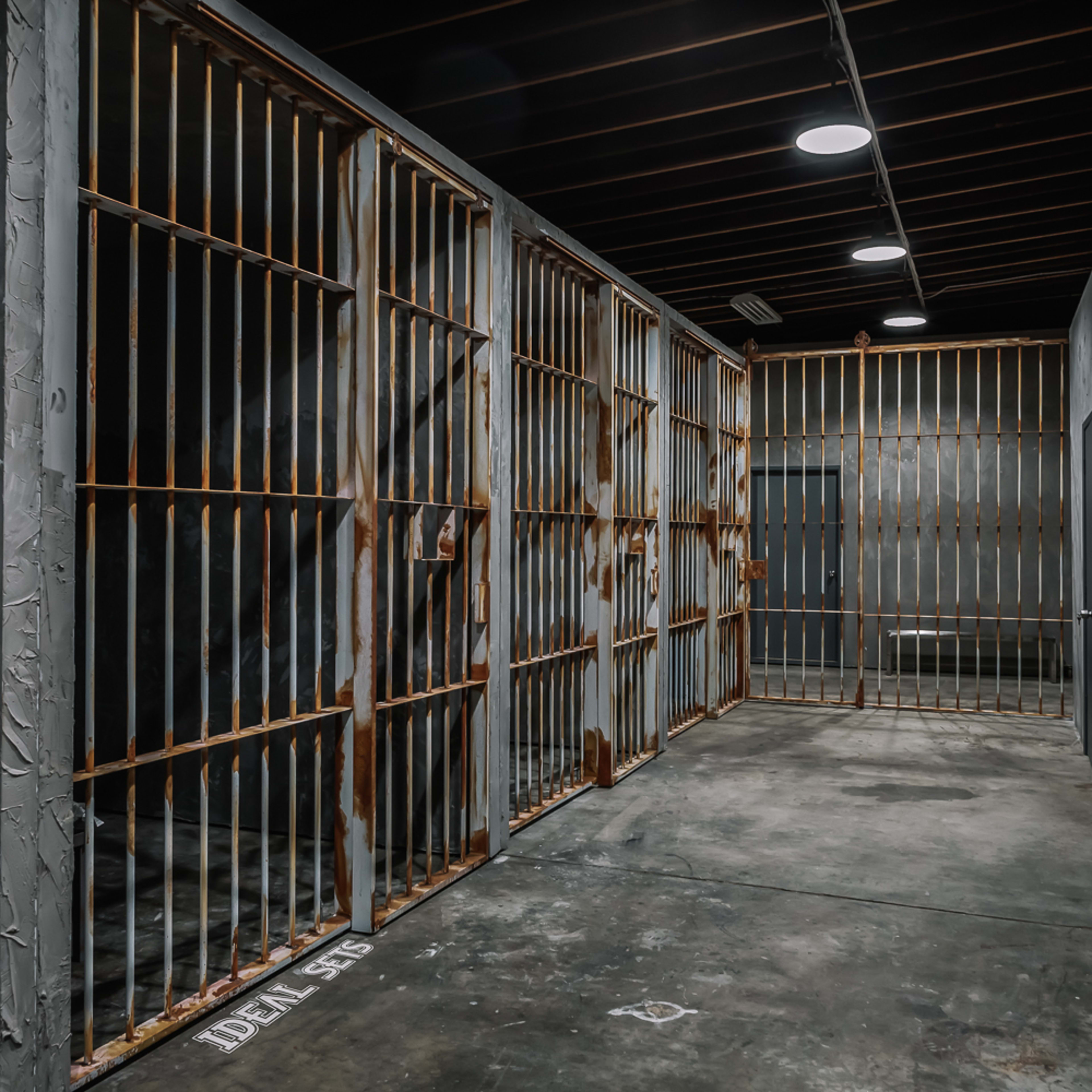 A dimly lit hallway with two open jail cells on the left and a closed door at the end.