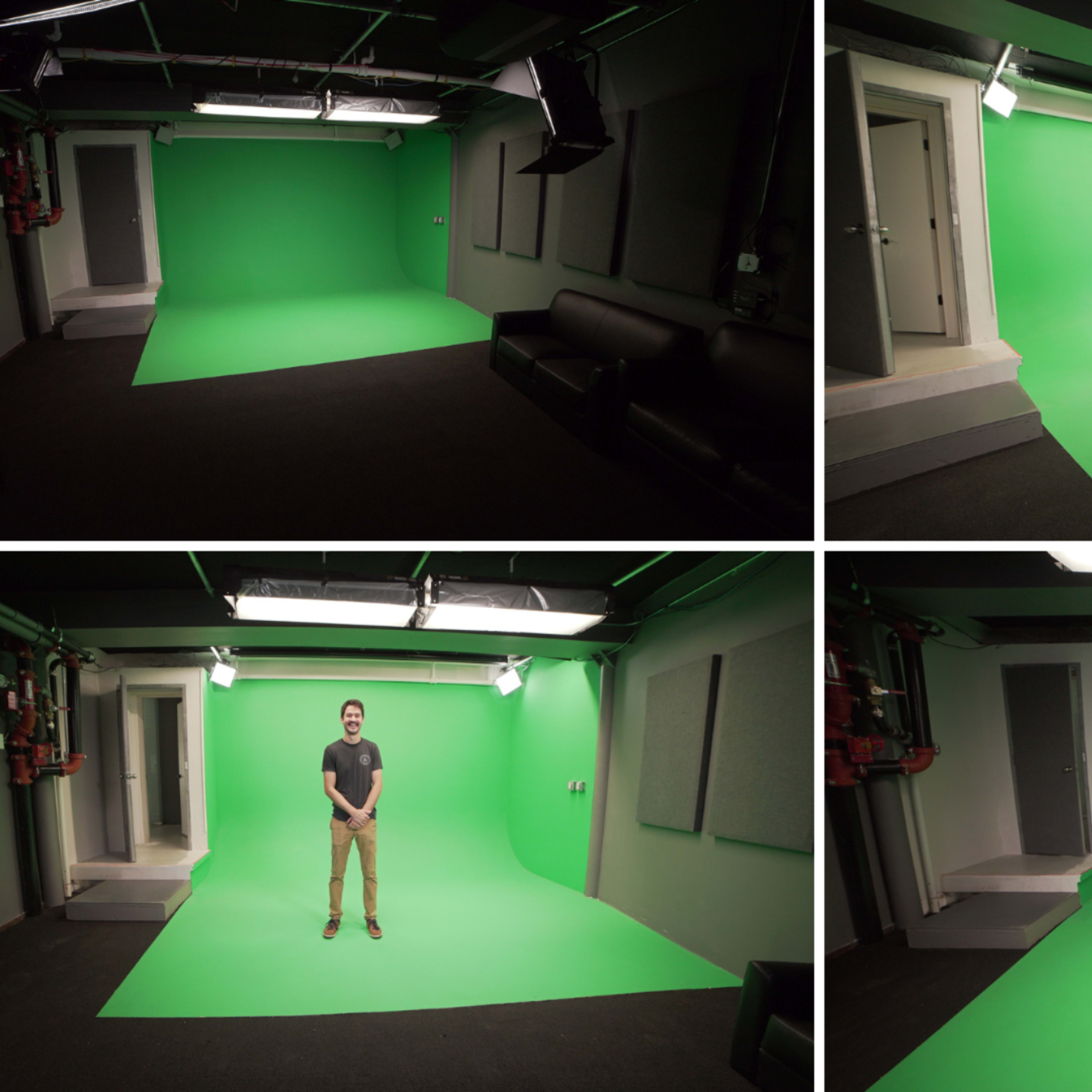 A green screen studio with a person standing in different poses in four separate frames.