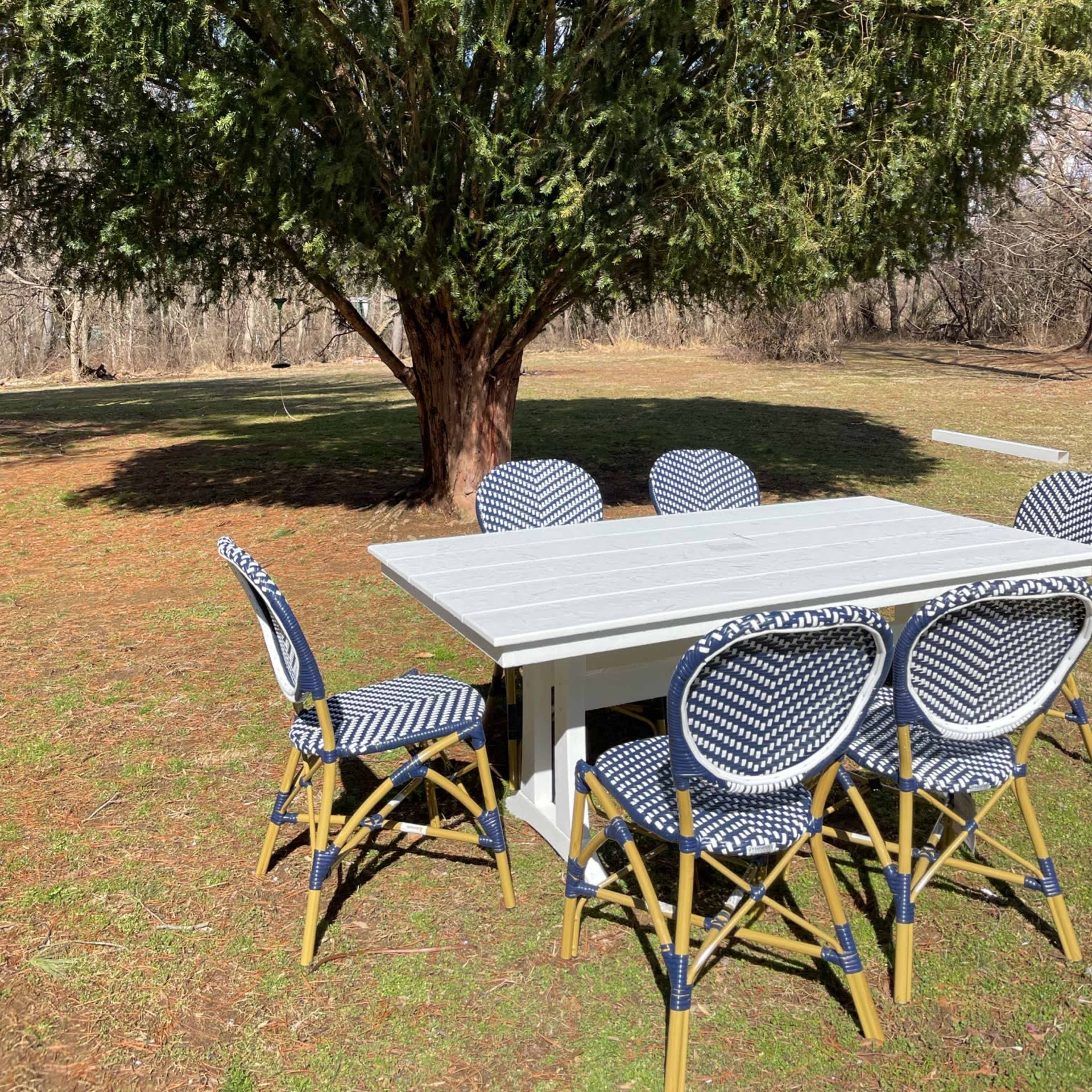 A patio table with six patterned chairs is set up beneath a large tree in a grassy outdoor area.
