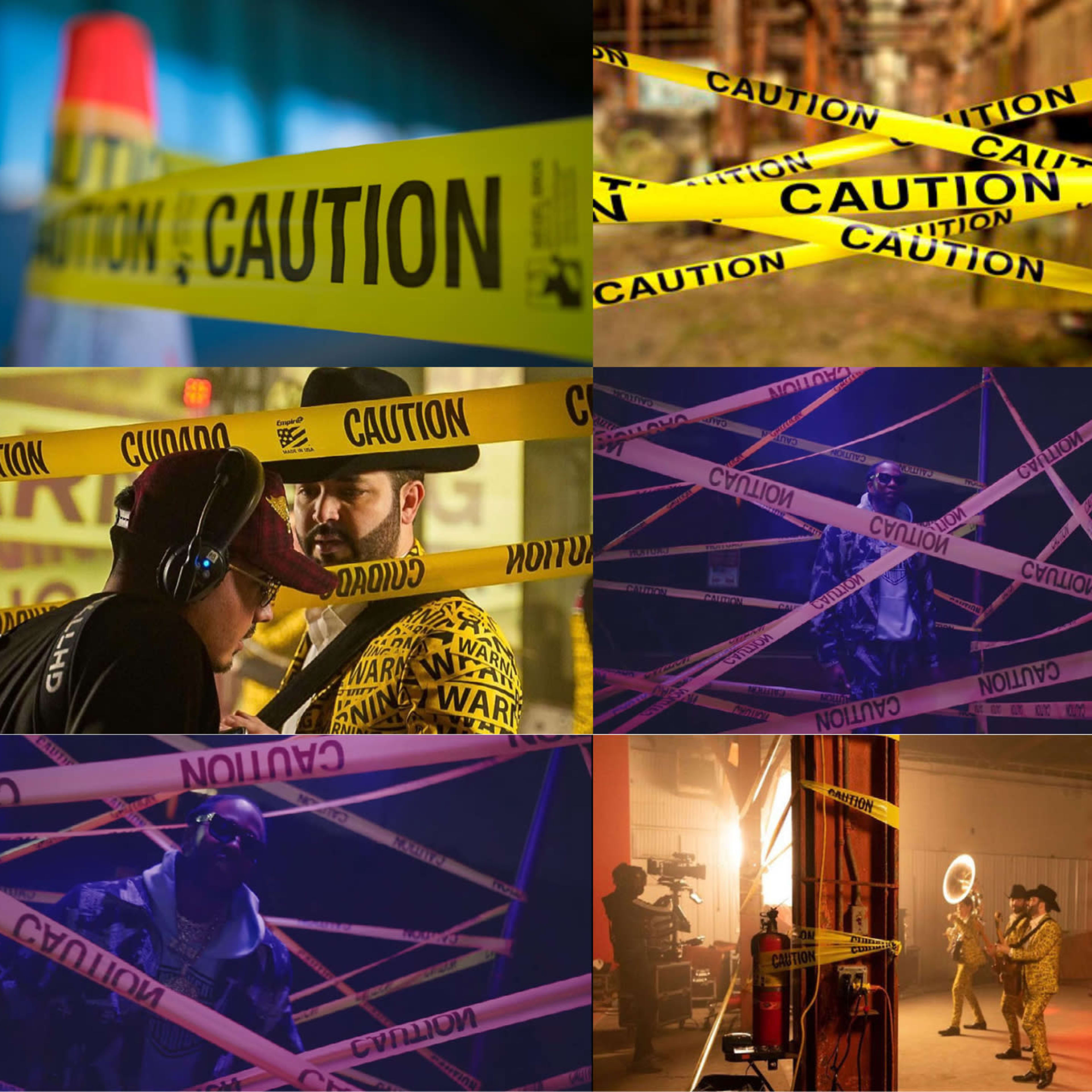 Various scenes featuring caution tape in several settings, including performers and musicians surrounded by the tape, all marked with warnings.