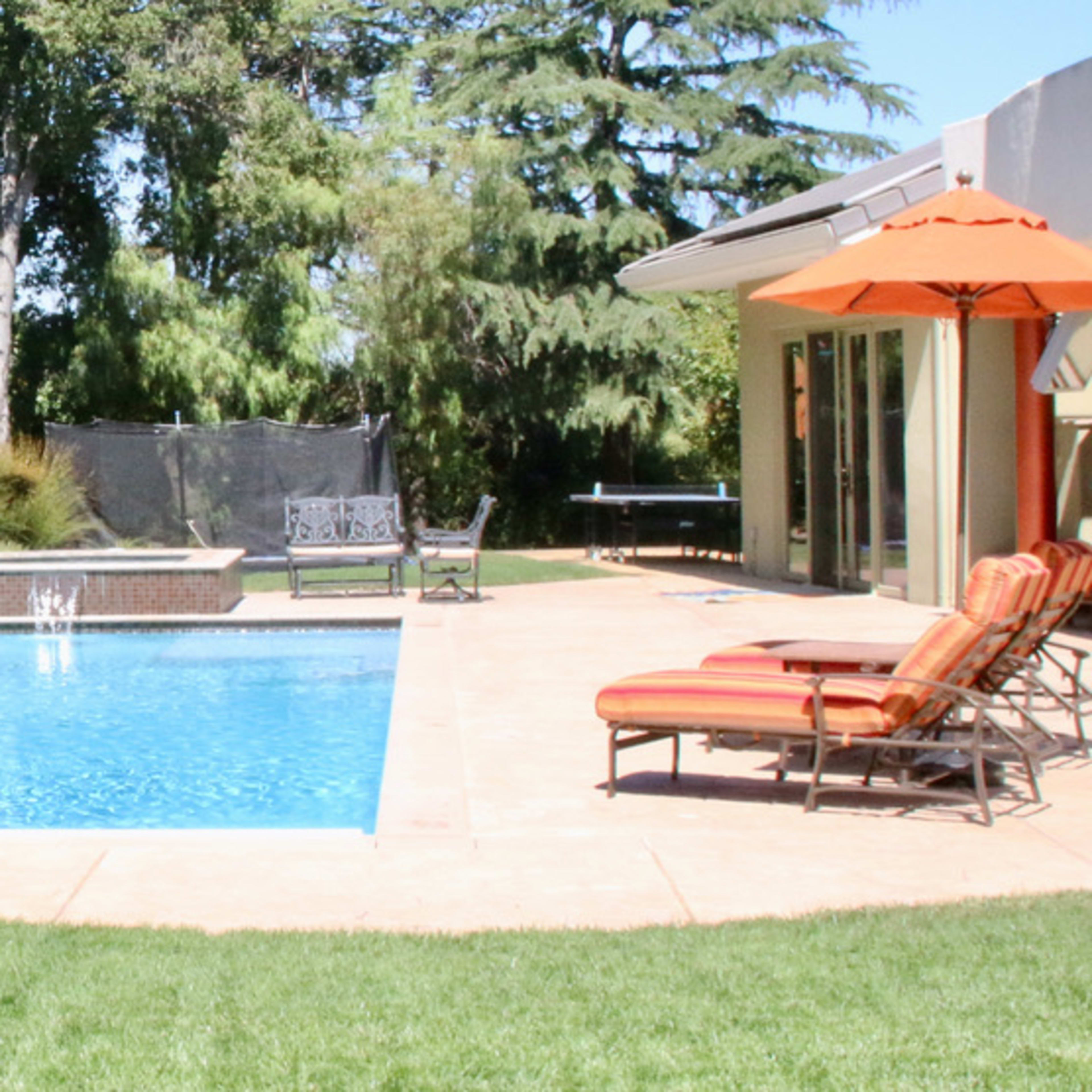 A backyard with a swimming pool surrounded by lounge chairs and an umbrella, with a lawn and trees in the background.