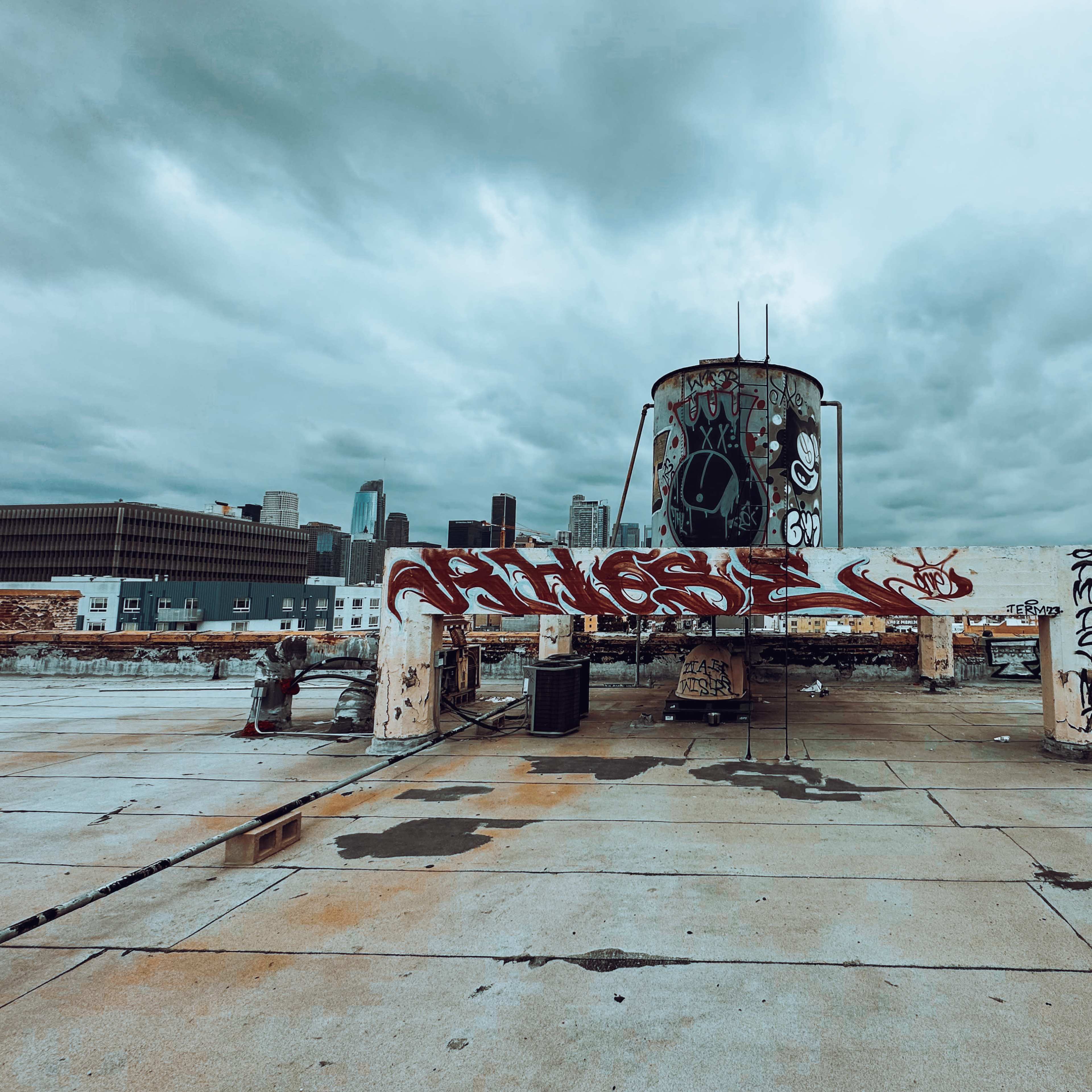A rooftop landscape features a water tower surrounded by graffiti under a cloudy sky, with a city skyline in the background.