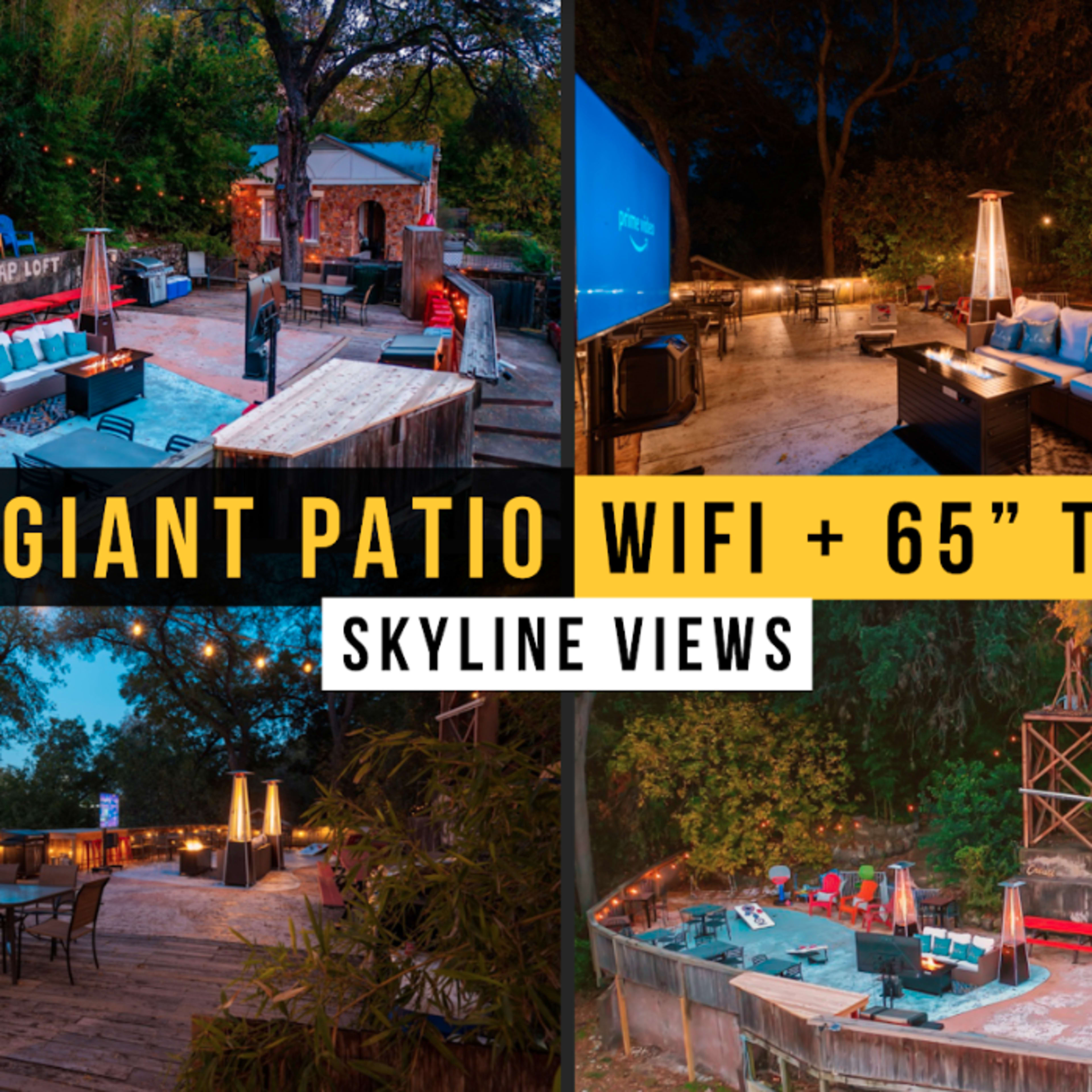 A spacious outdoor patio with seating areas, heating lamps, and a large screen, set against a backdrop of skyline views at night.