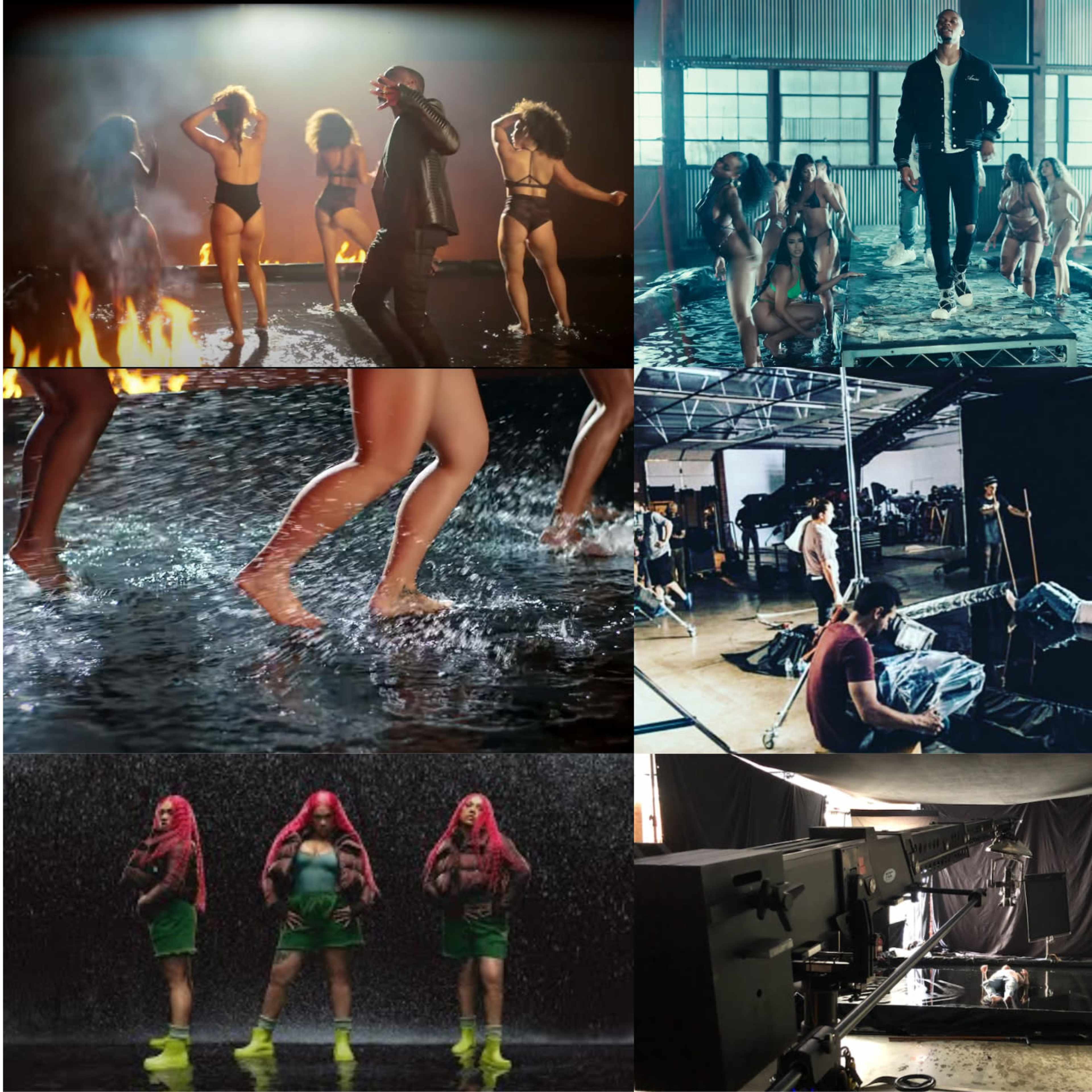 A collage depicts various scenes from a music video shoot, featuring performers dancing, water effects, and a set with flames and behind-the-scenes activity.
