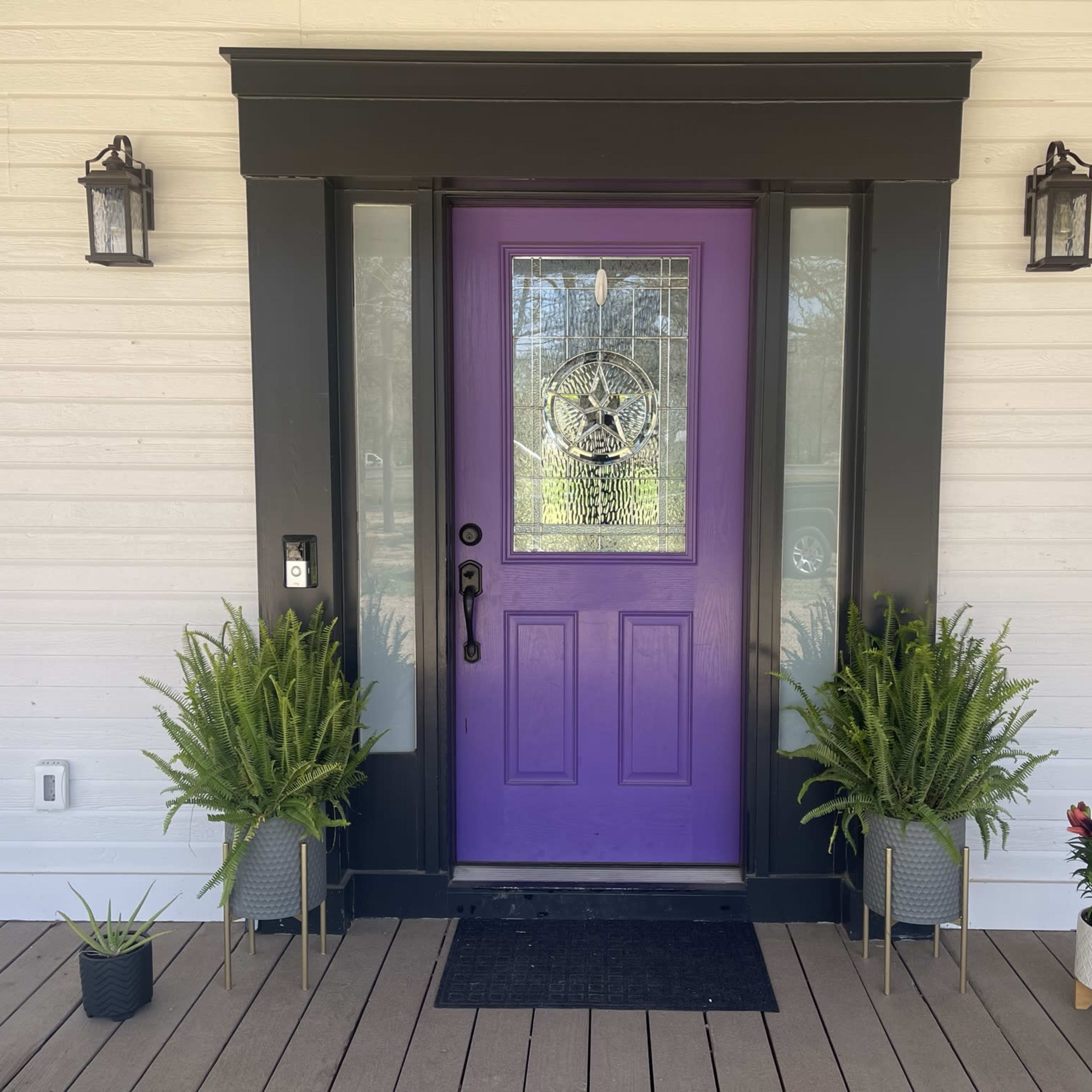 The entrance features a purple front door with a stained glass design, flanked by potted plants on either side.