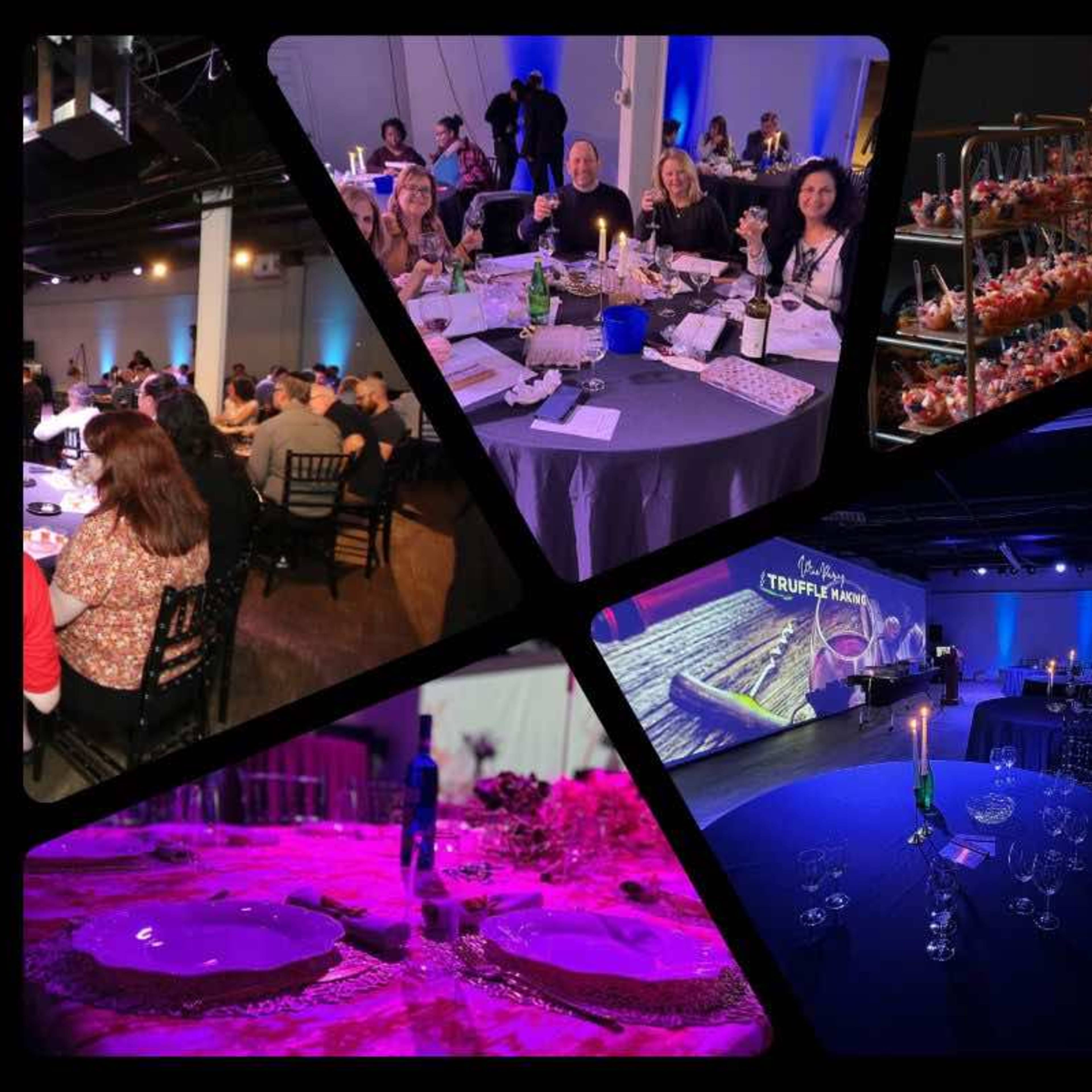 A collage of a dining event featuring guests at tables, food displays, and a decorated venue with blue lighting.