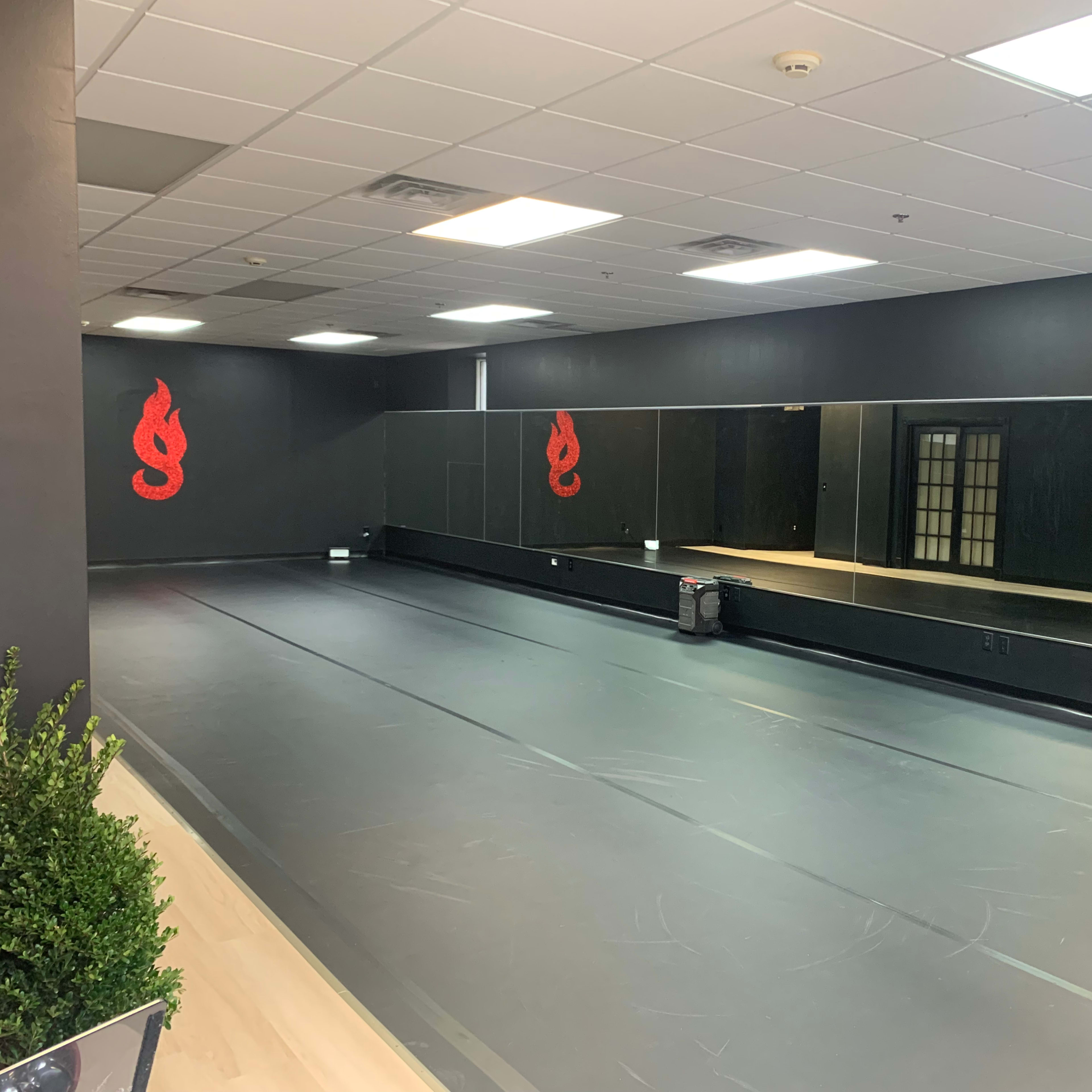 An empty dance studio featuring a mirrored wall, black walls, and a dark floor.