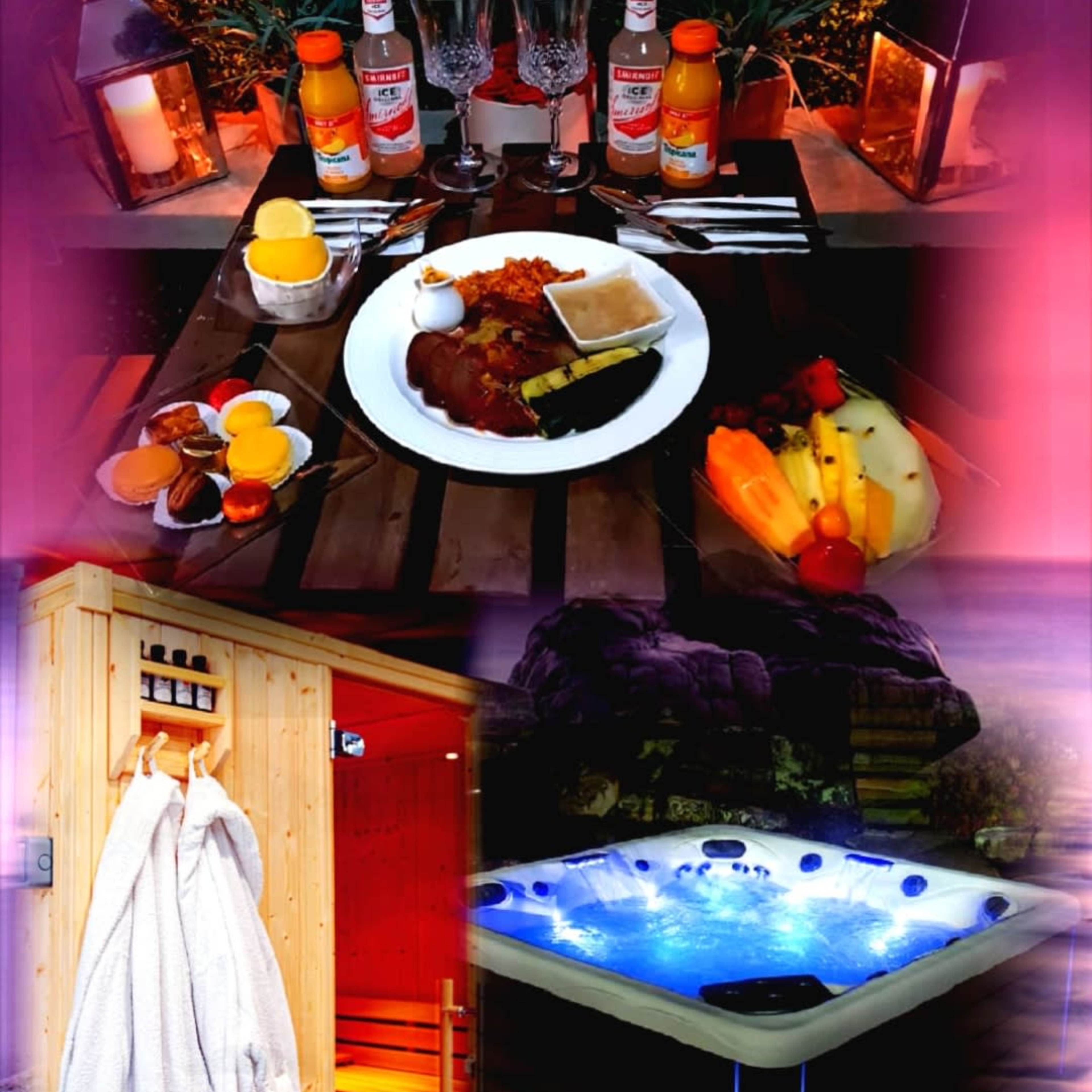 A luxury spa setting featuring a dining area with food and drinks, a sauna with bathrobes, and a hot tub with glowing lights.