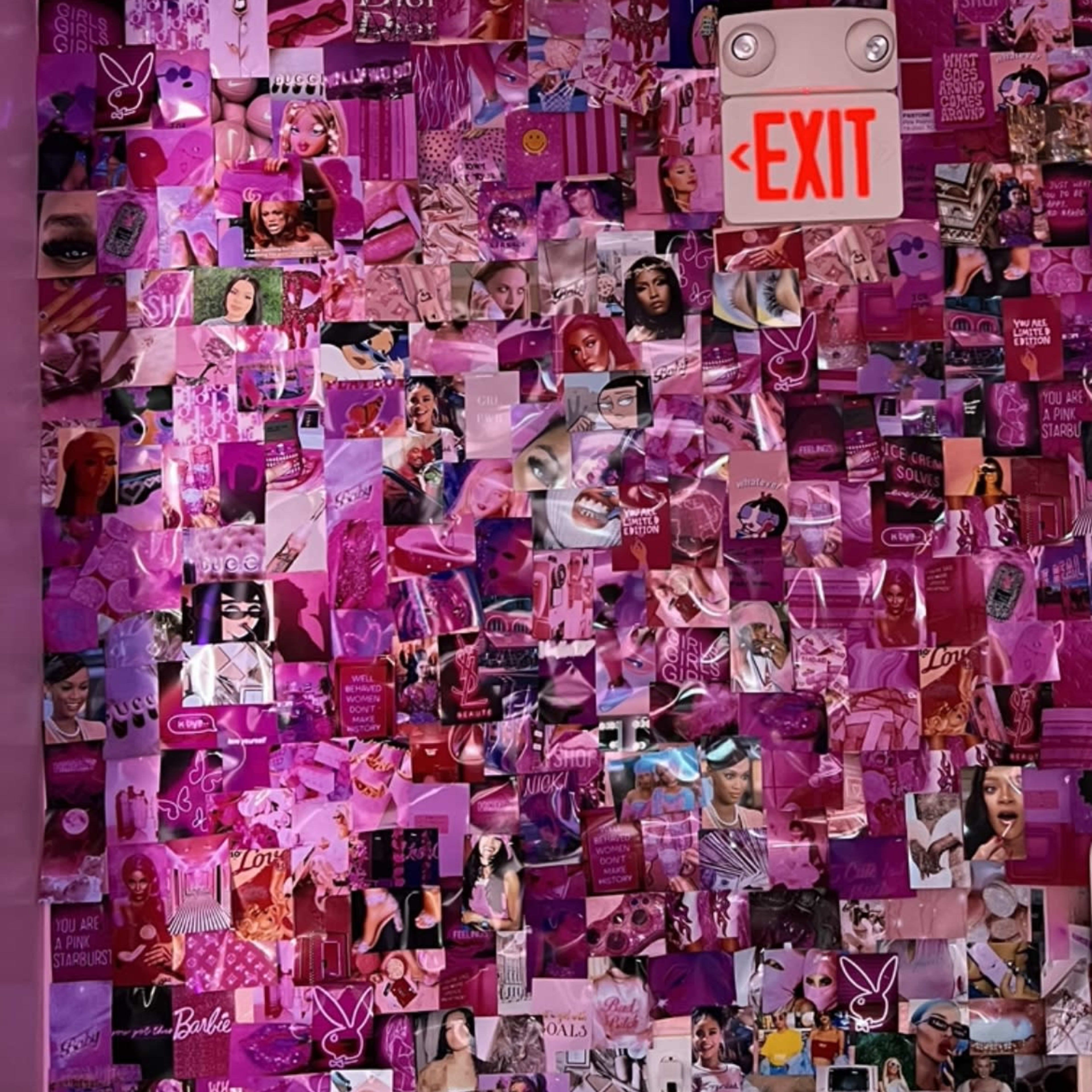 A wall covered in numerous pink-themed collages, photographs, and decorations, with an "EXIT" sign prominently displayed above.
