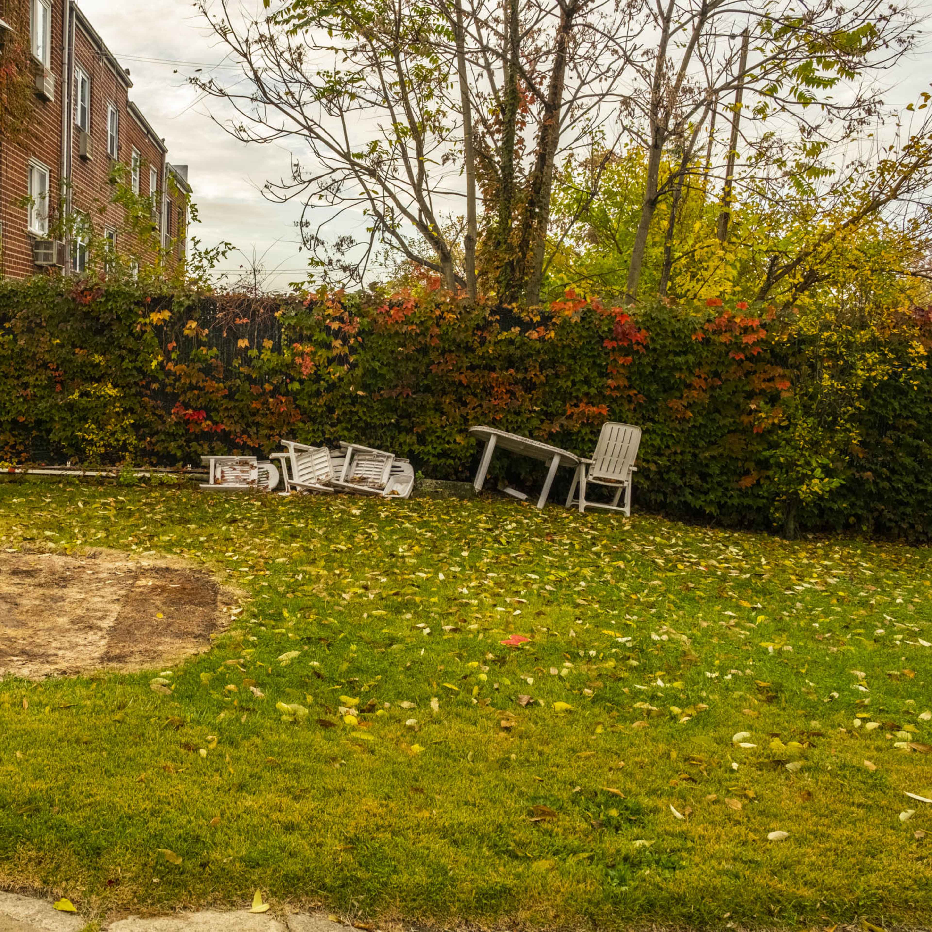 The scene shows a grassy yard with a circular patch of bare soil, a wooden chair, and scattered fallen leaves against a backdrop of brick buildings and a leafy fence.