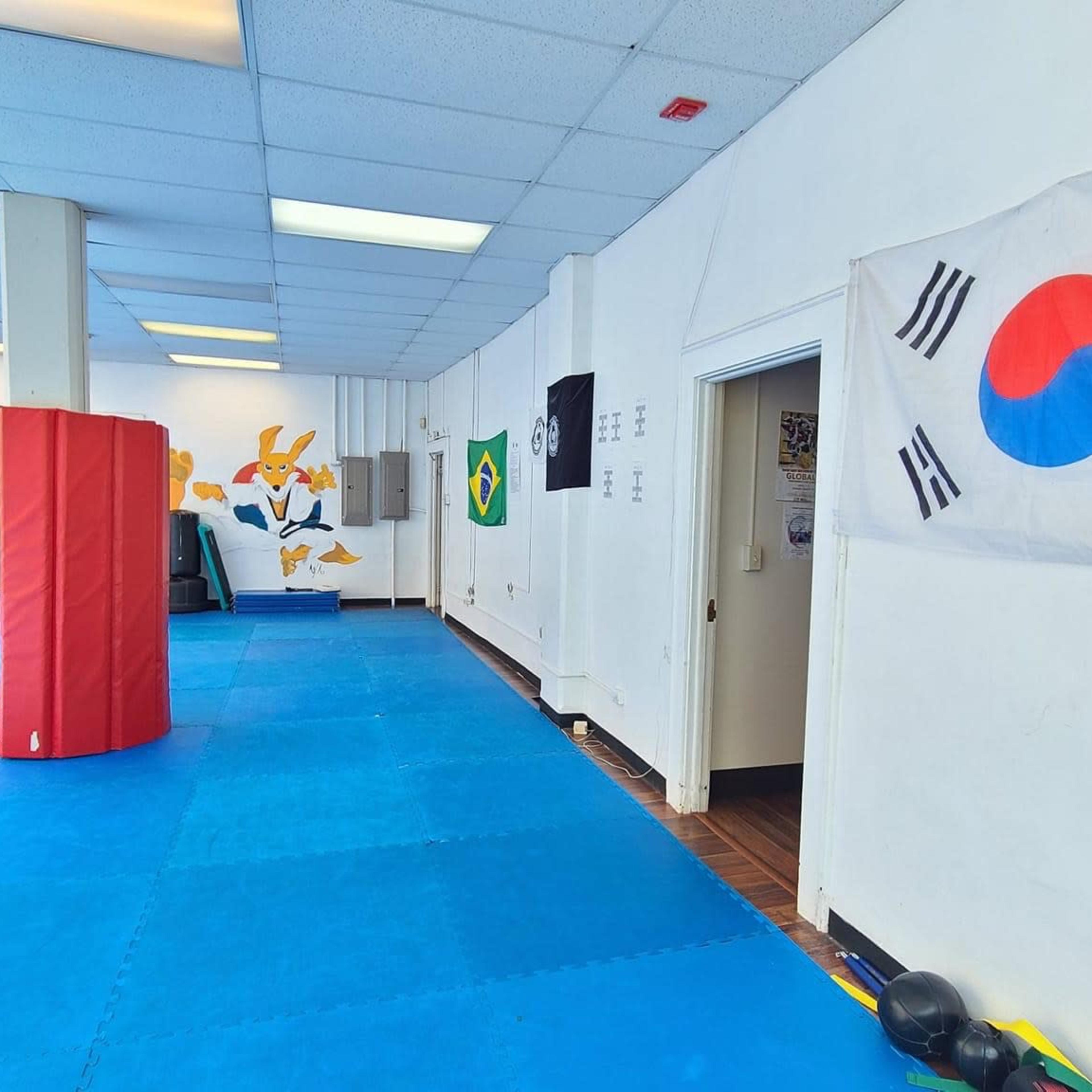 A martial arts training room with blue mats, a red training pad, and flags on the walls.