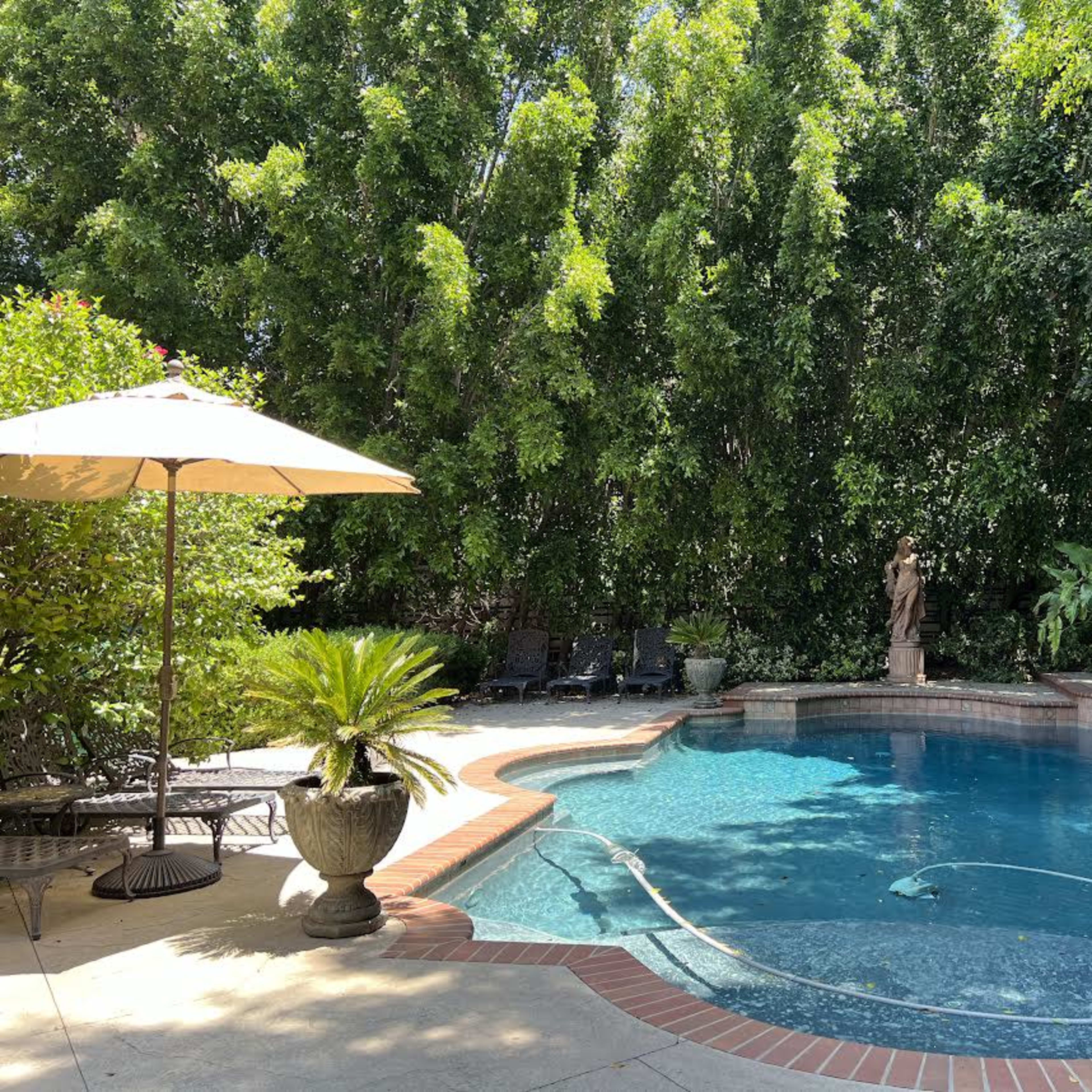 A swimming pool surrounded by lush greenery, a sun umbrella, and decorative statues.