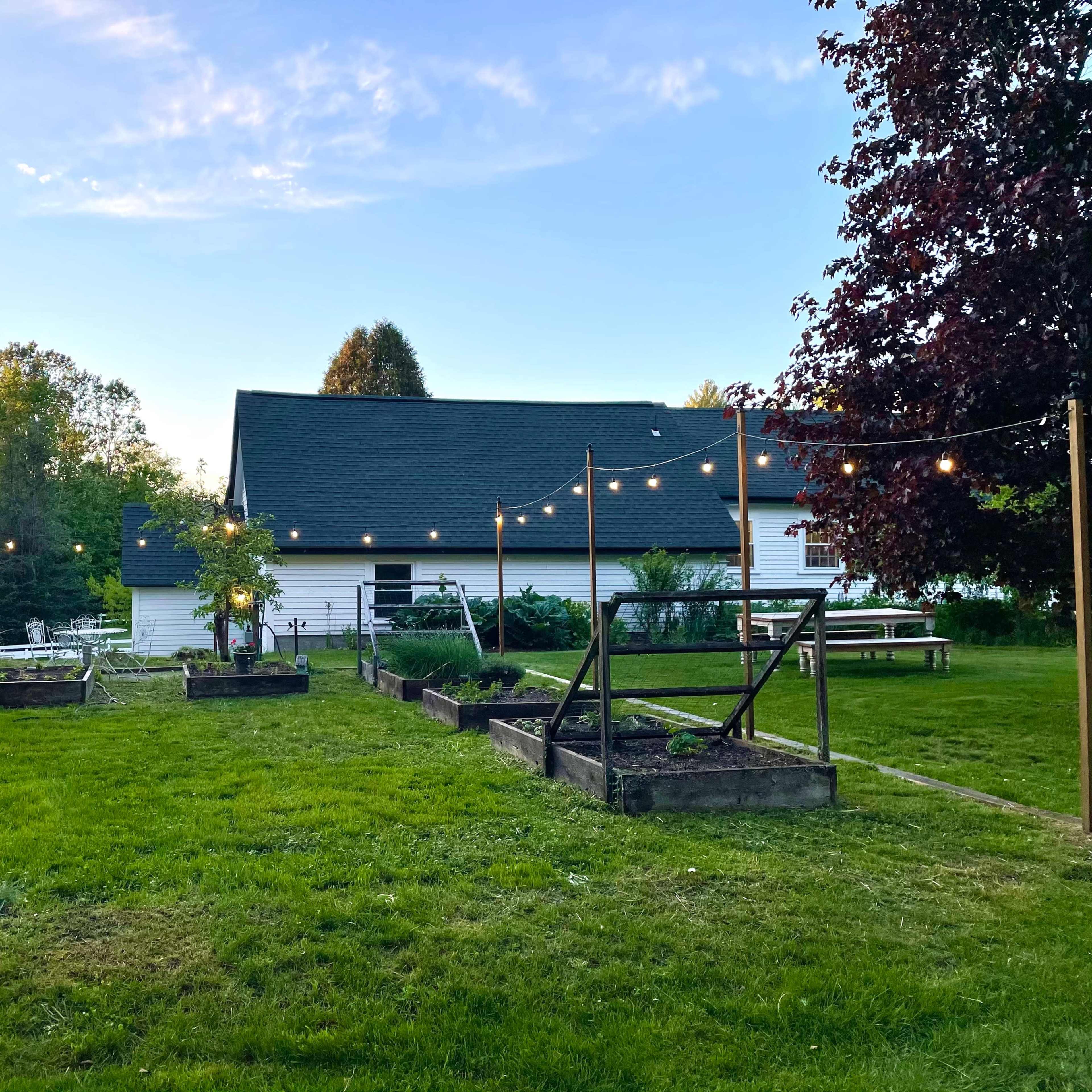 A backyard scene features a greenhouse on the left, raised garden beds in the foreground, and a house with a dark roof in the background, illuminated by string lights.