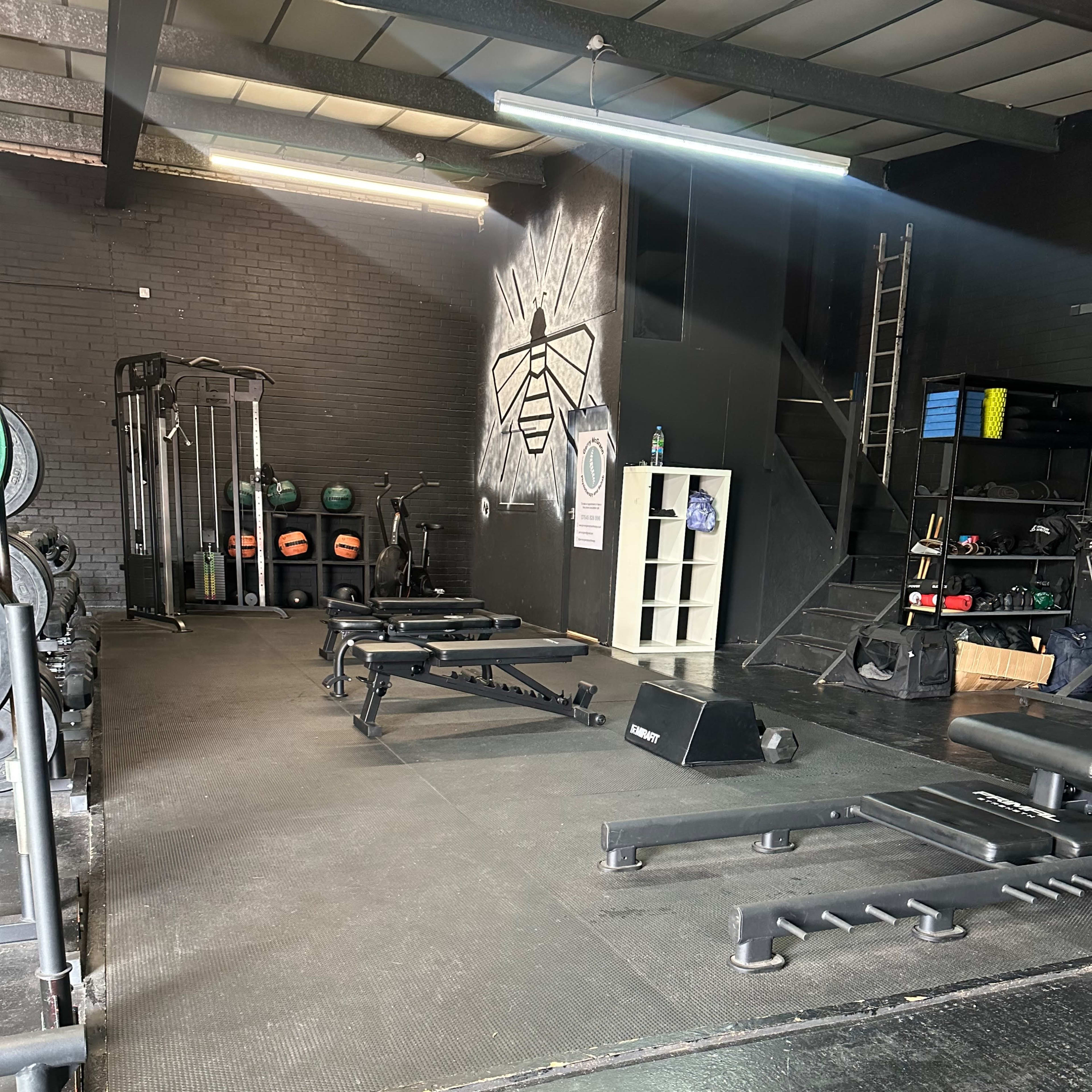 An indoor gym space with various weightlifting equipment, mats, and storage shelves against a black wall featuring a graffiti-style bee design.