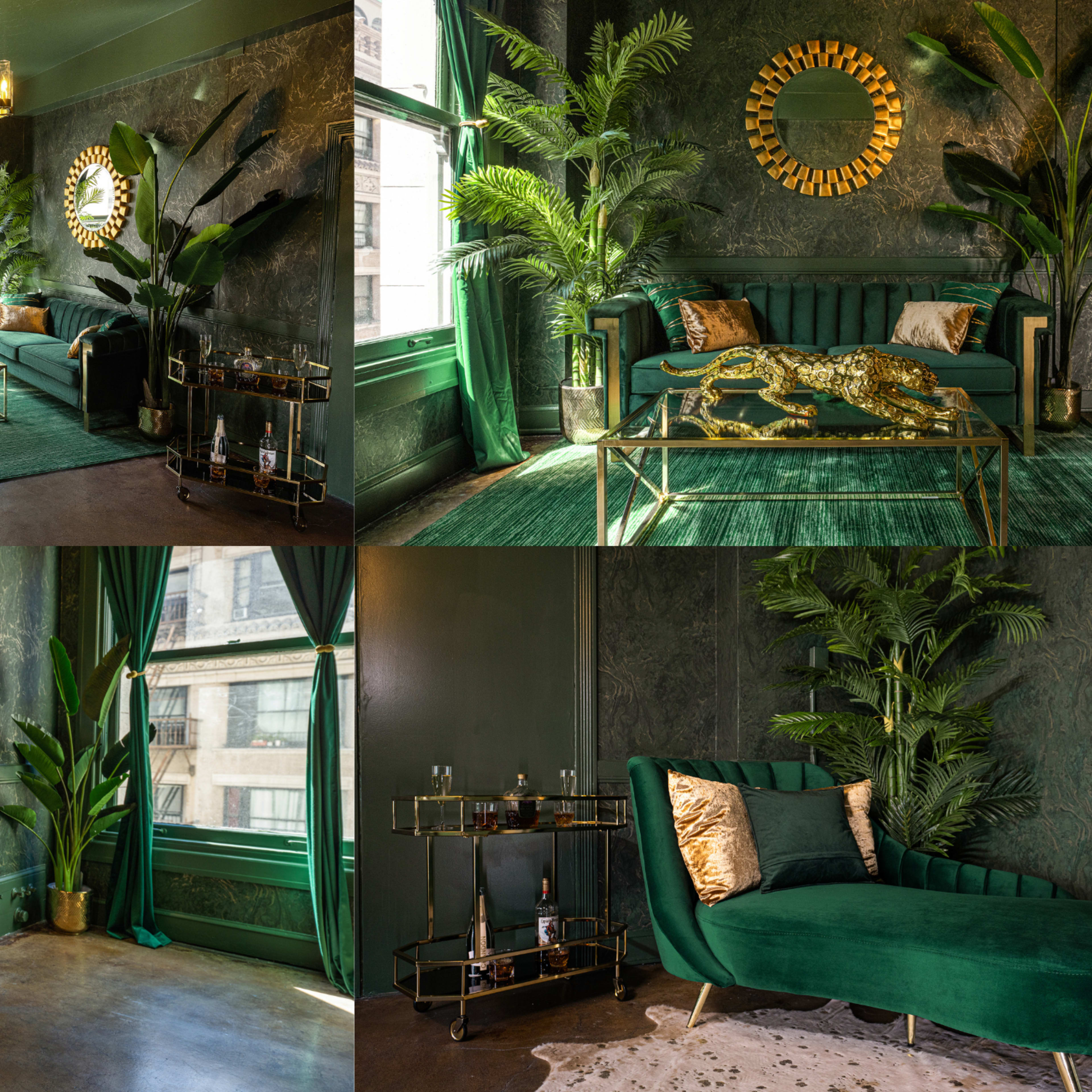 A stylish interior design showcasing a green-themed living room with plants, elegant furniture, and decorative accents.