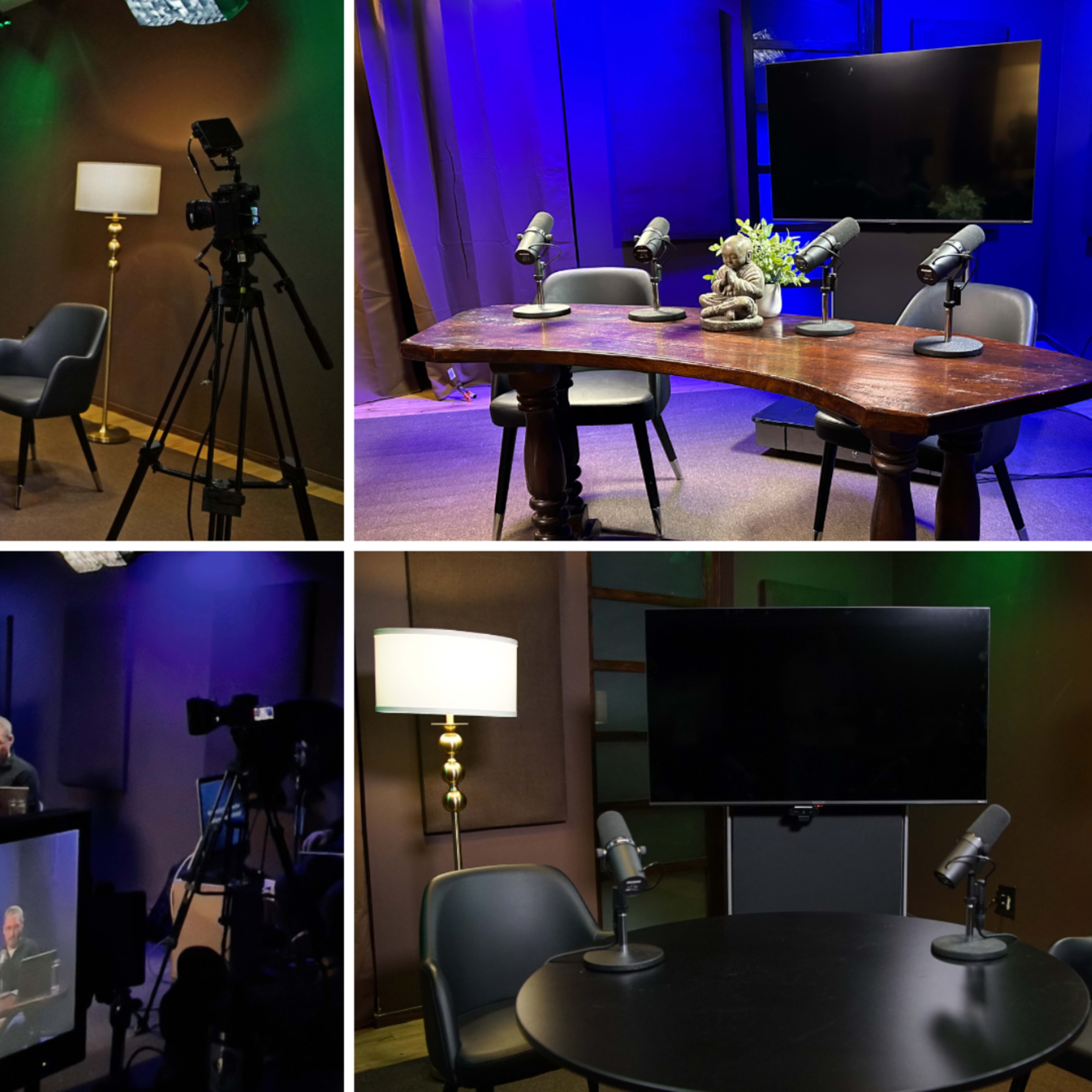 Four different setups for a studio or broadcasting space, featuring various arrangements of tables, chairs, cameras, and microphones under different lighting conditions.