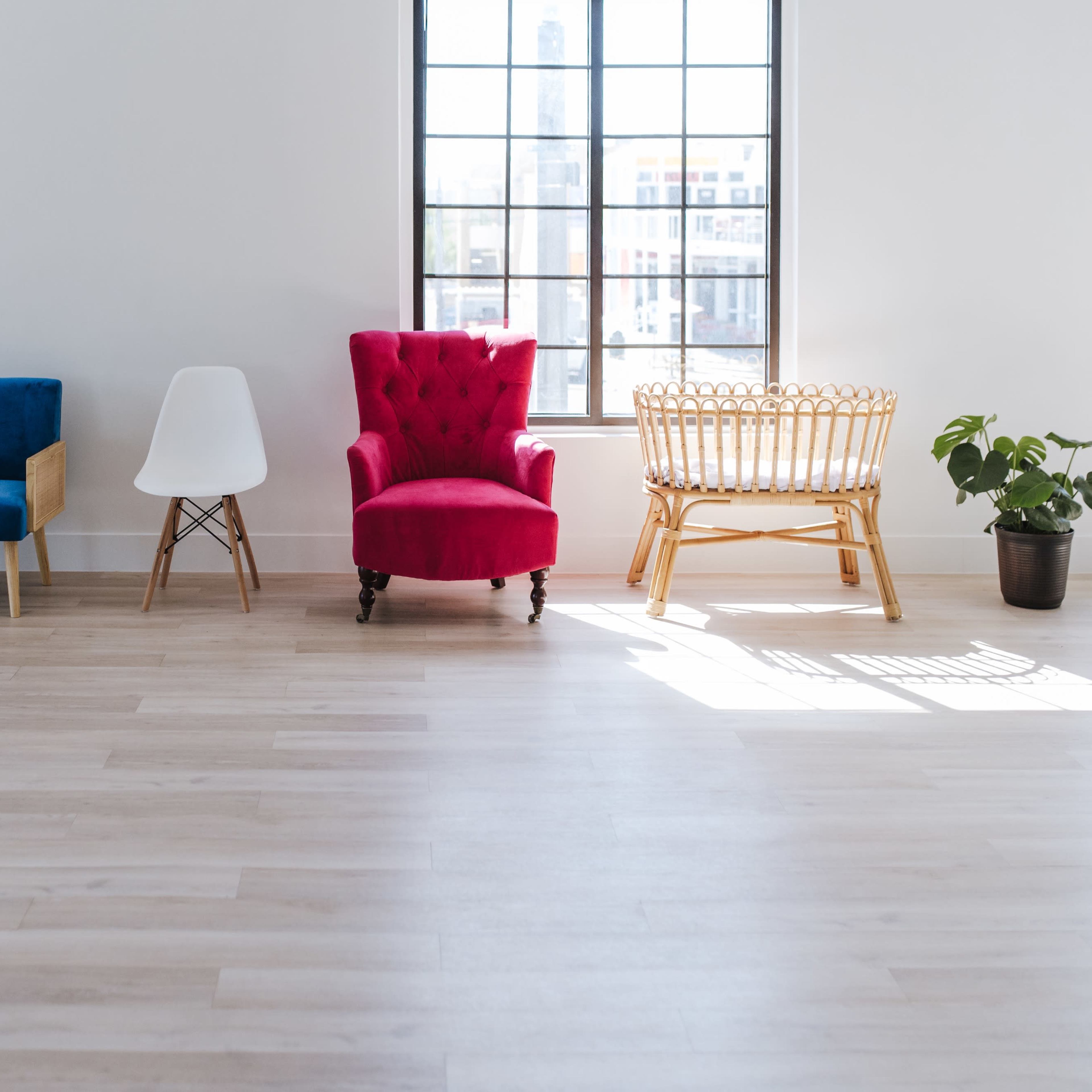 A bright and spacious room featuring four distinct chairs and two potted plants positioned near large windows.