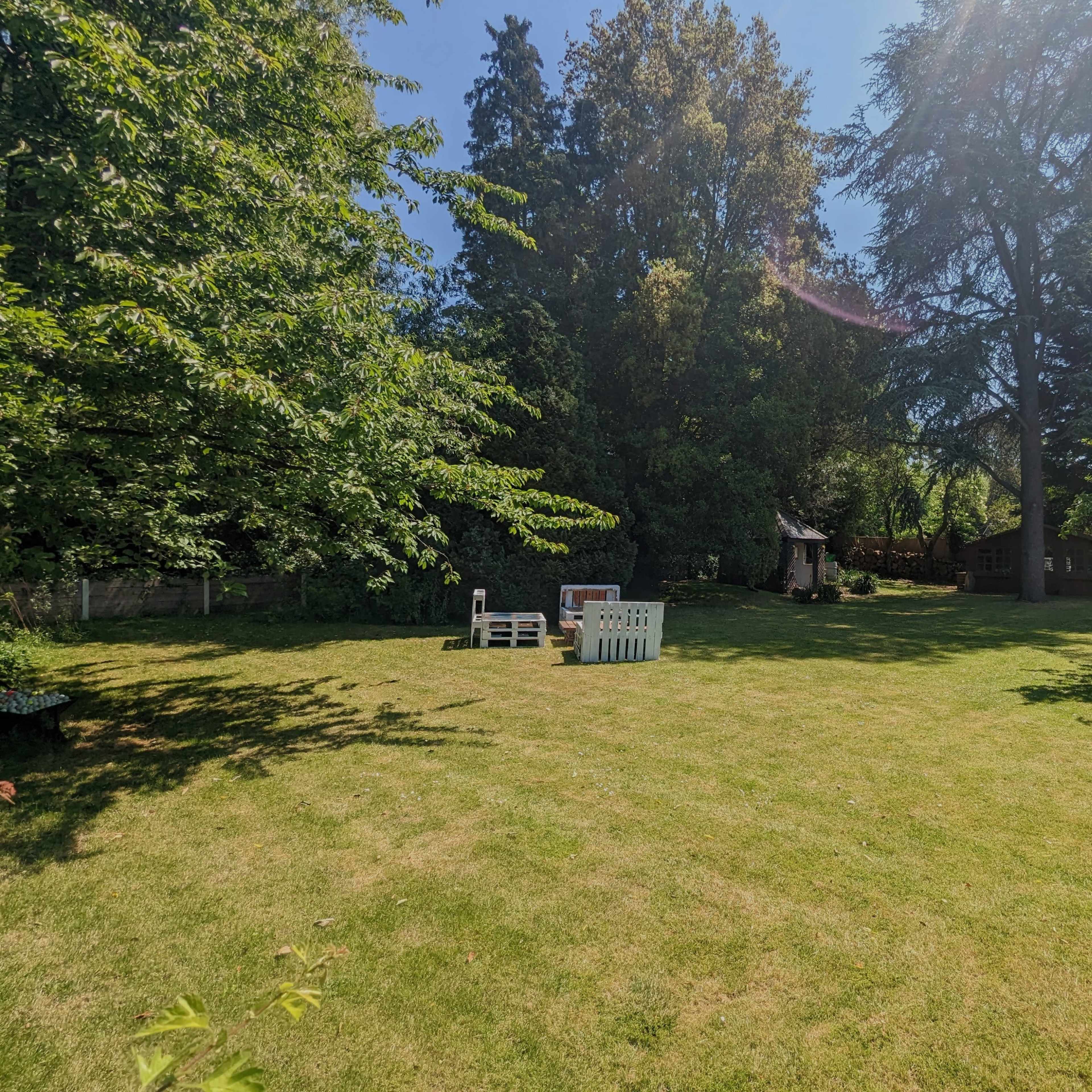 A spacious green backyard with trees, a grassy area, and a few white outdoor furniture pieces.
