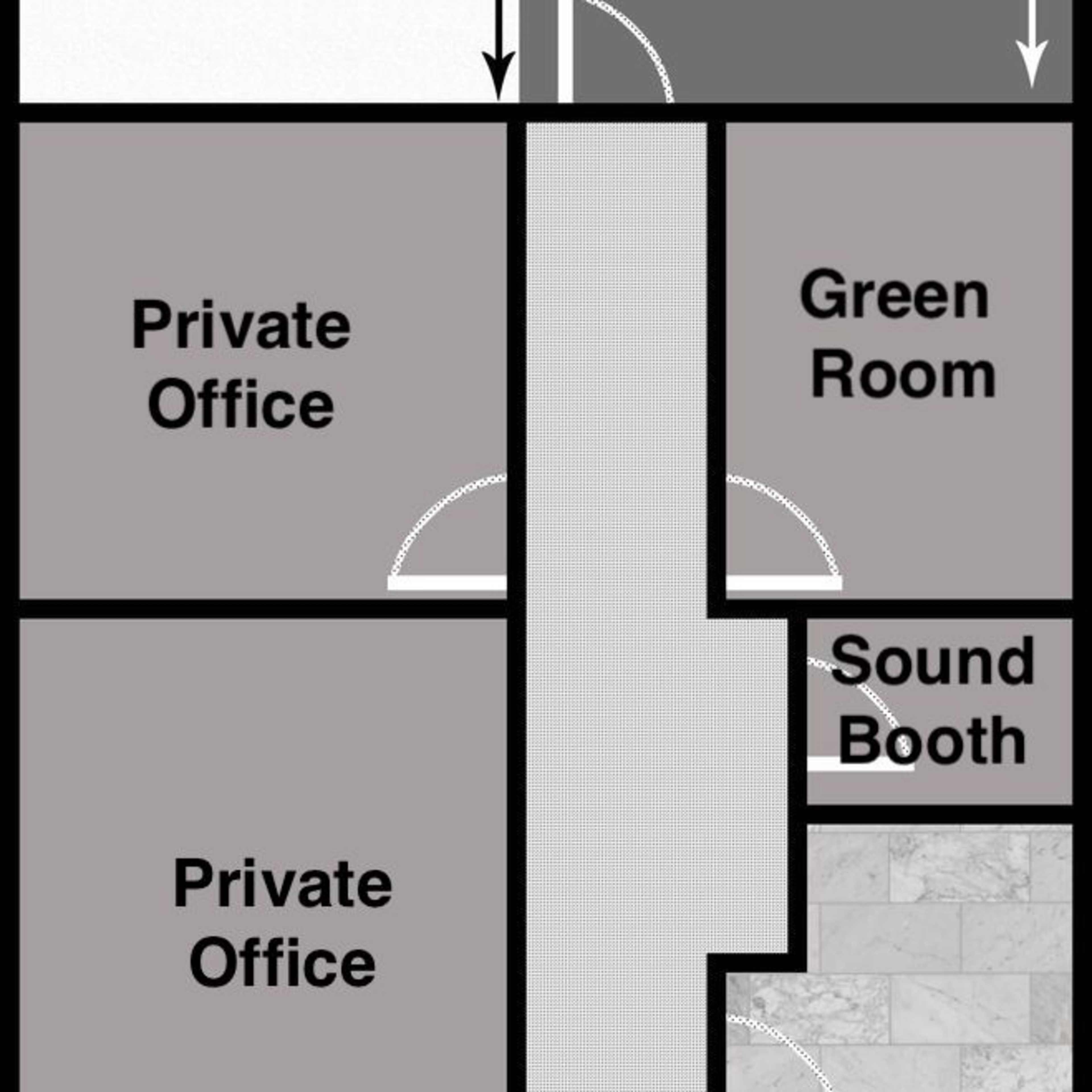 A floor plan of a studio layout featuring a main studio area, four private offices, a green room, a sound booth, and a lobby, with dimensions indicated for each space.