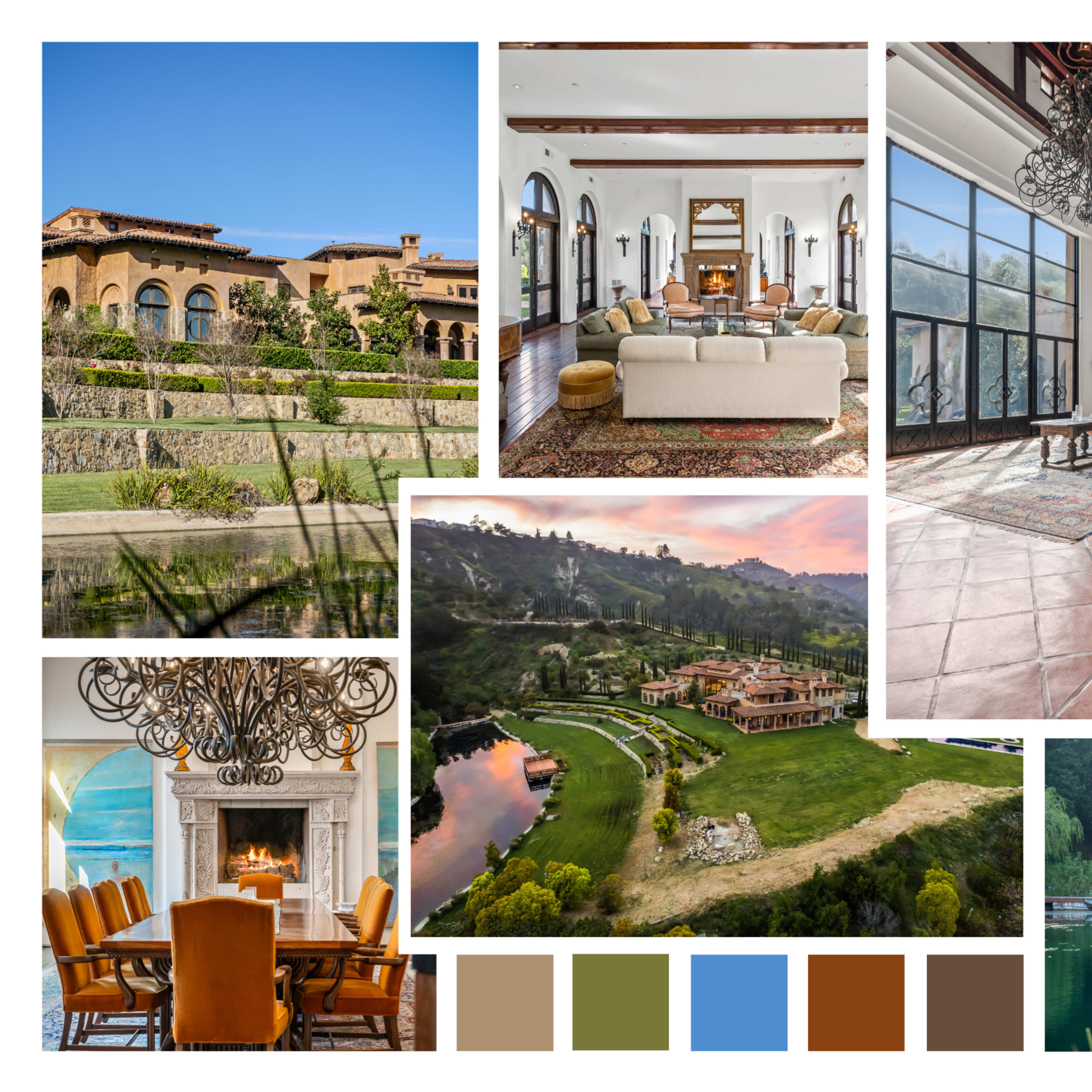 A luxurious estate featuring a grand exterior, elegant interior spaces with modern furnishings, and serene outdoor landscapes surrounding a pond.