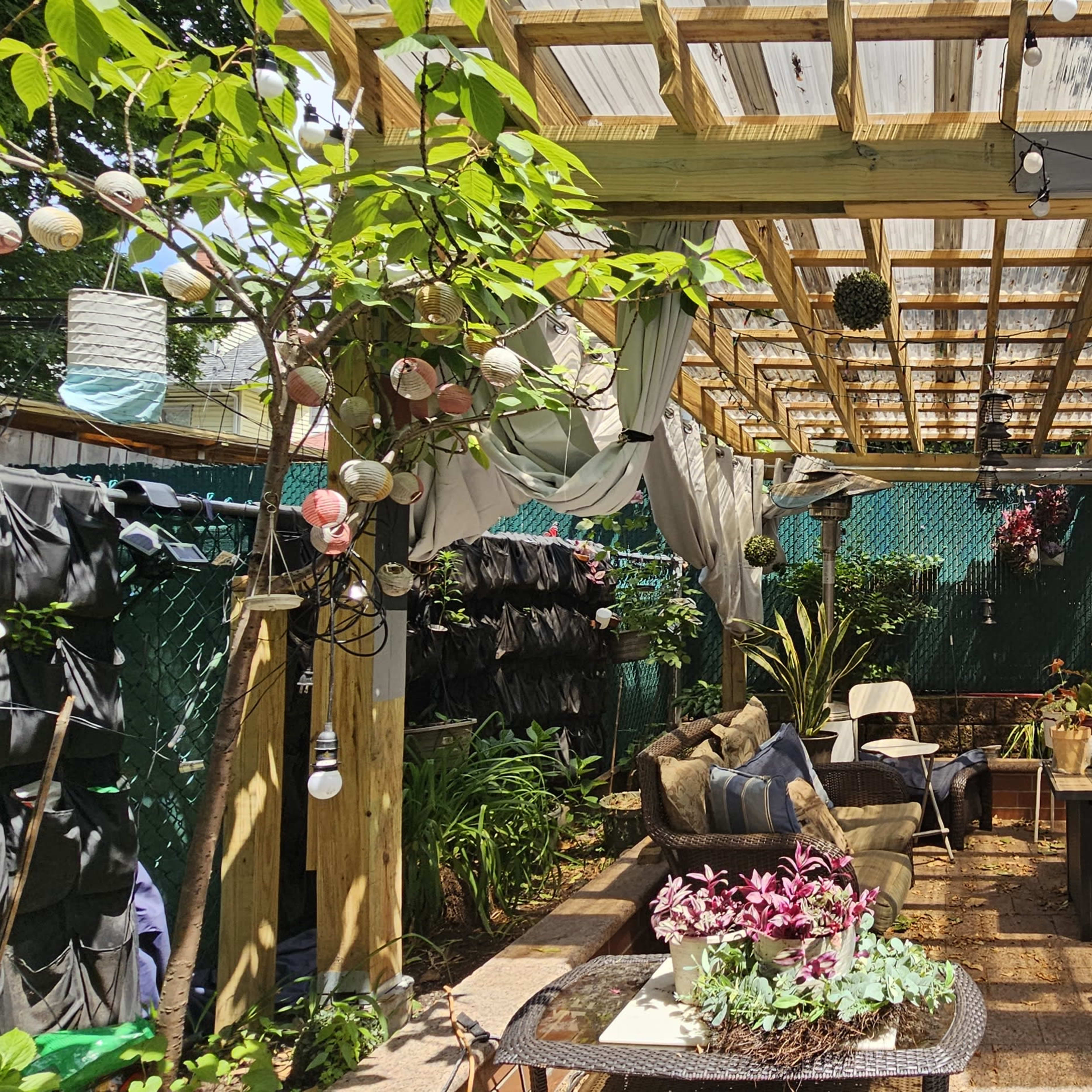 A shaded outdoor patio area adorned with plants, comfortable seating, and decorative string lights.