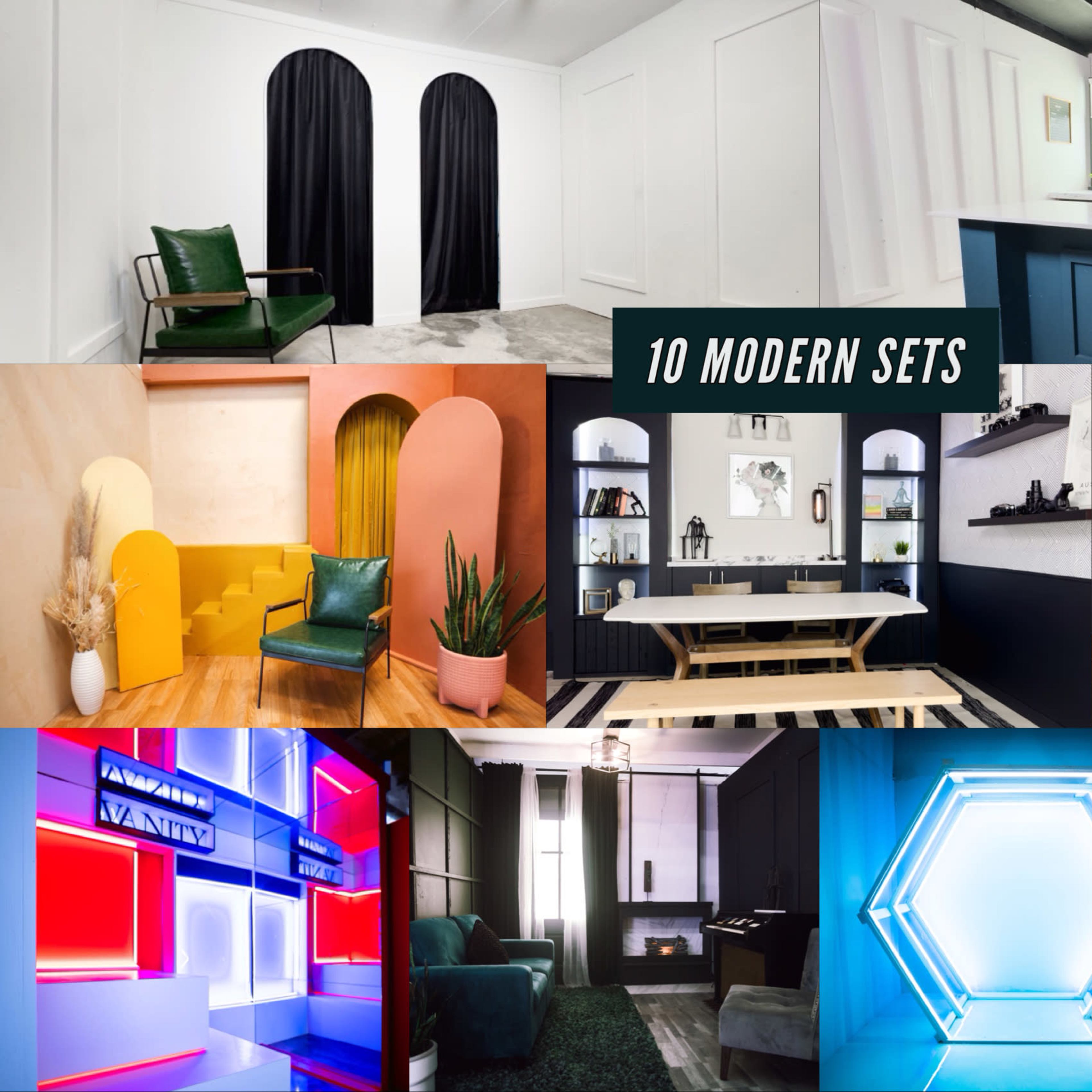 A collage of ten modern set designs featuring various interiors, including a bar area, dining space, and colorful accent walls.