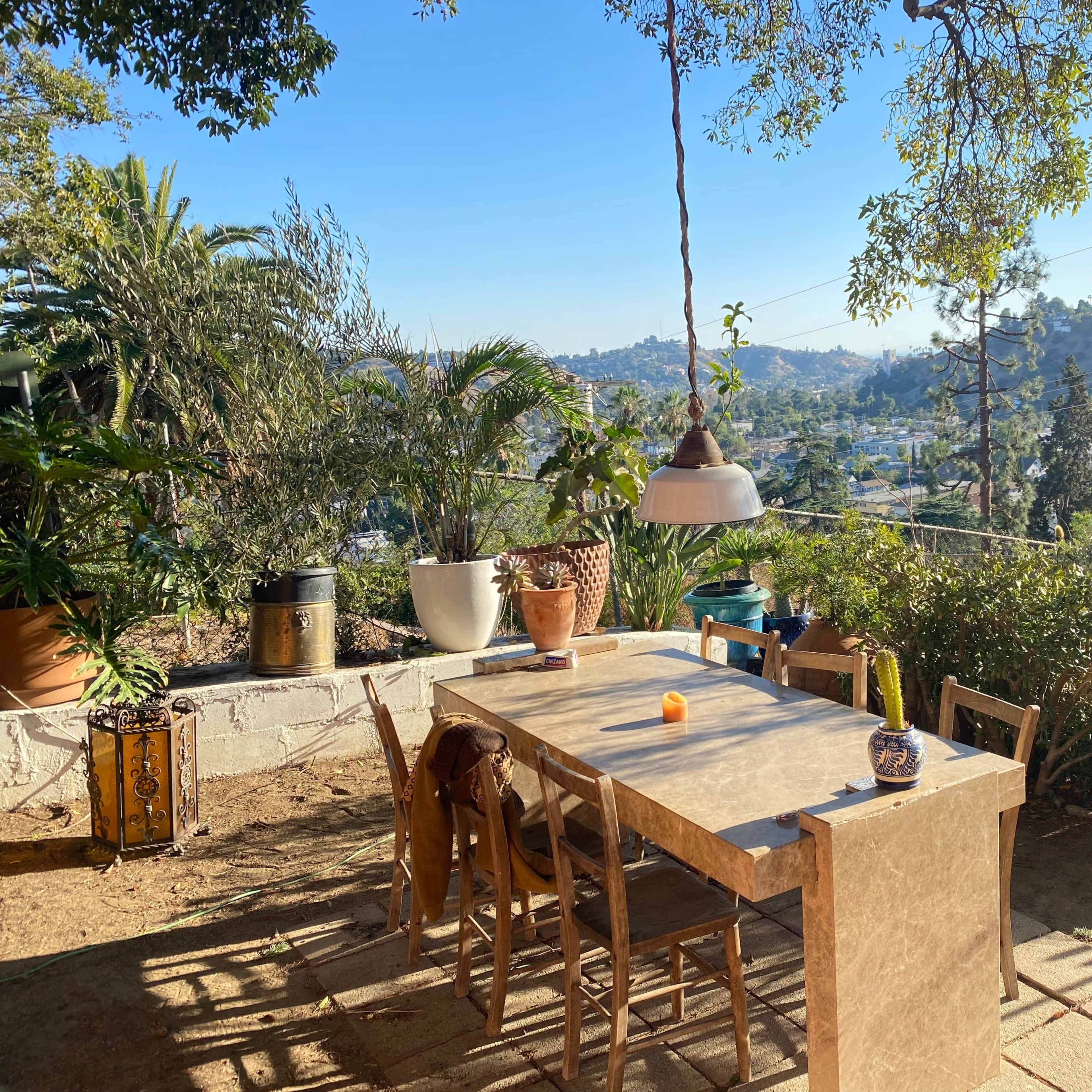A dining table with wooden chairs sits in a sunlit outdoor space surrounded by various plants, overlooking a hillside view.