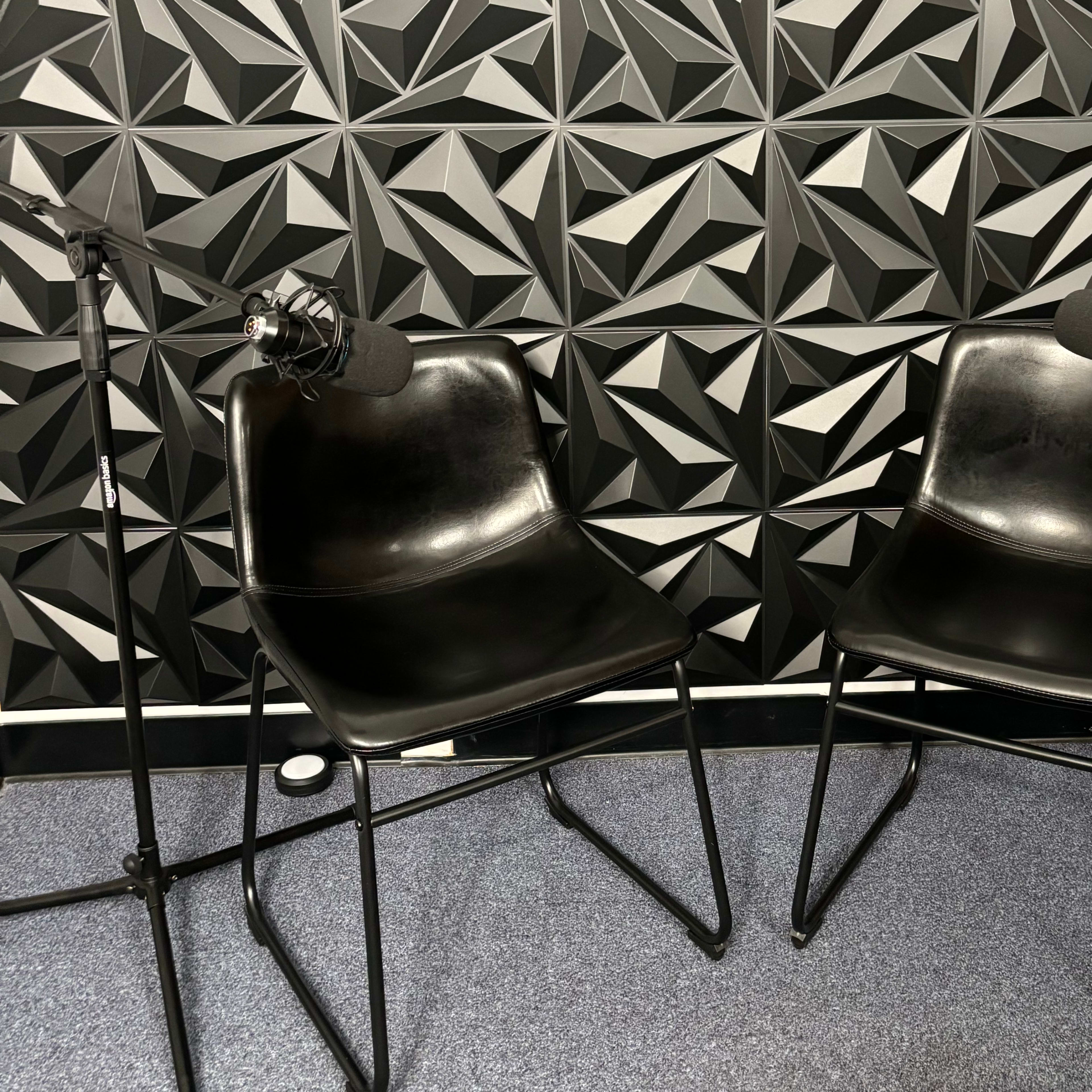 Two black chairs are positioned facing each other, each equipped with a microphone on a stand, against a textured black wall.
