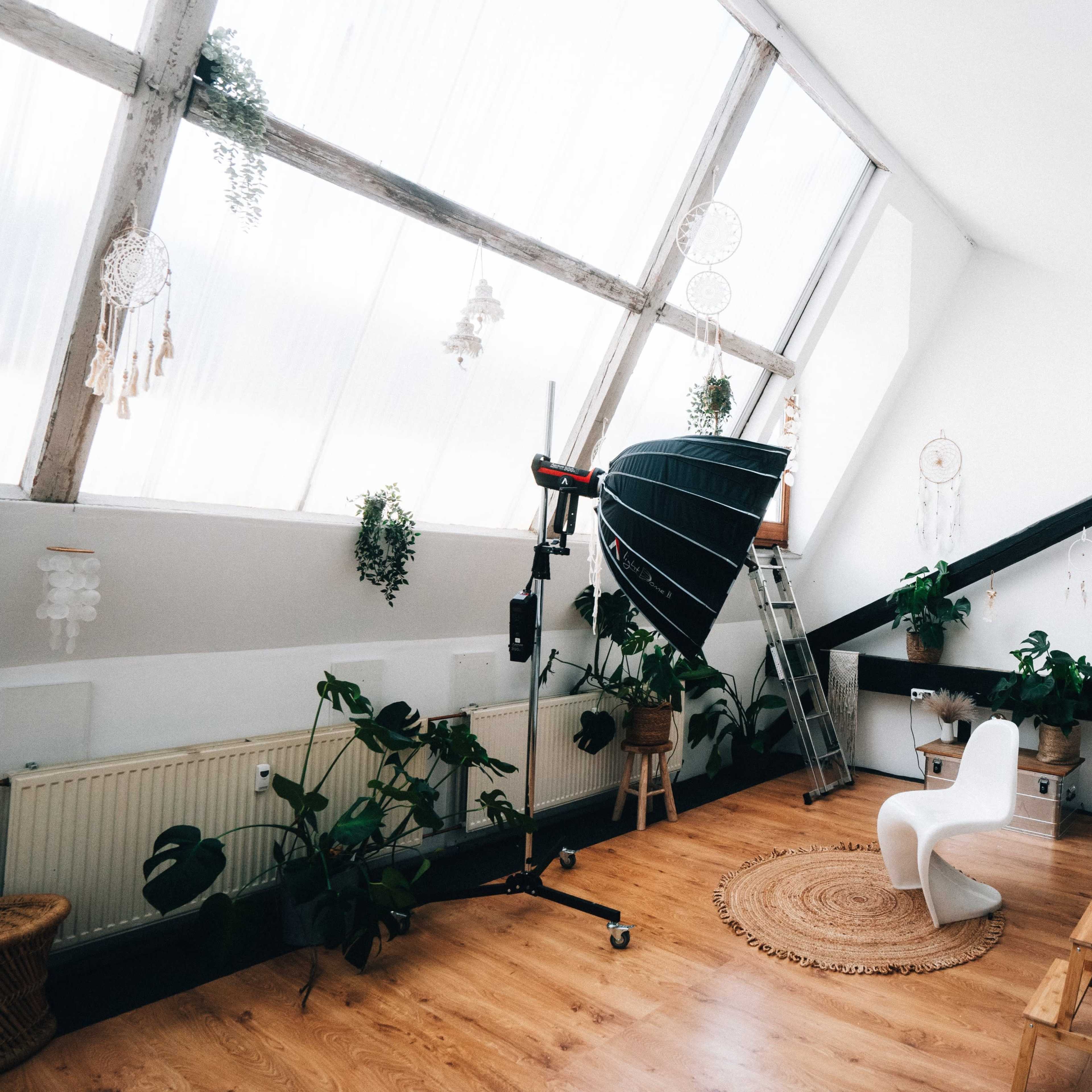 A bright, modern studio space with large windows, a photography light setup, plants, and minimalist furniture.