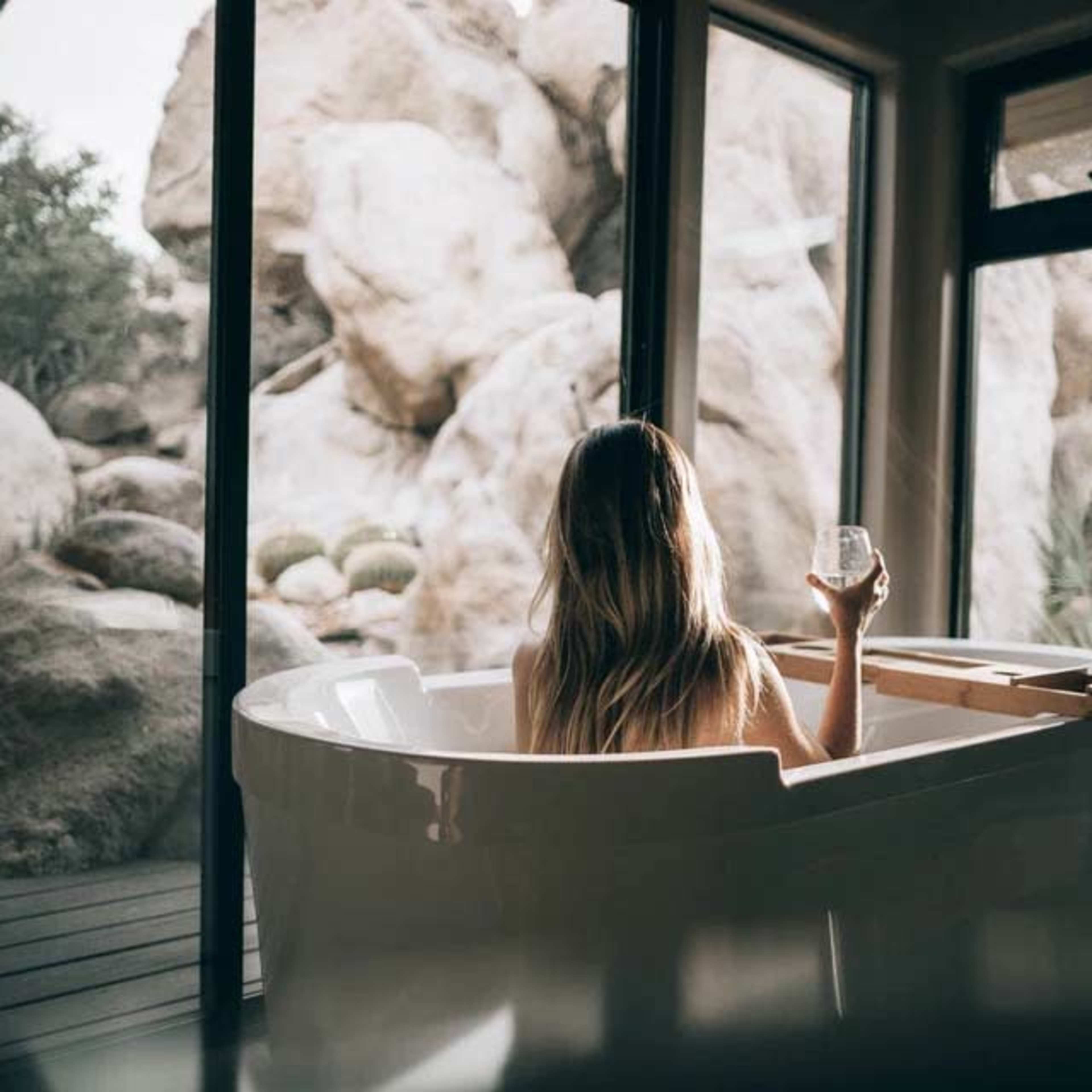 A person sits in a freestanding bathtub, holding a glass, with large windows revealing a rocky landscape outside.