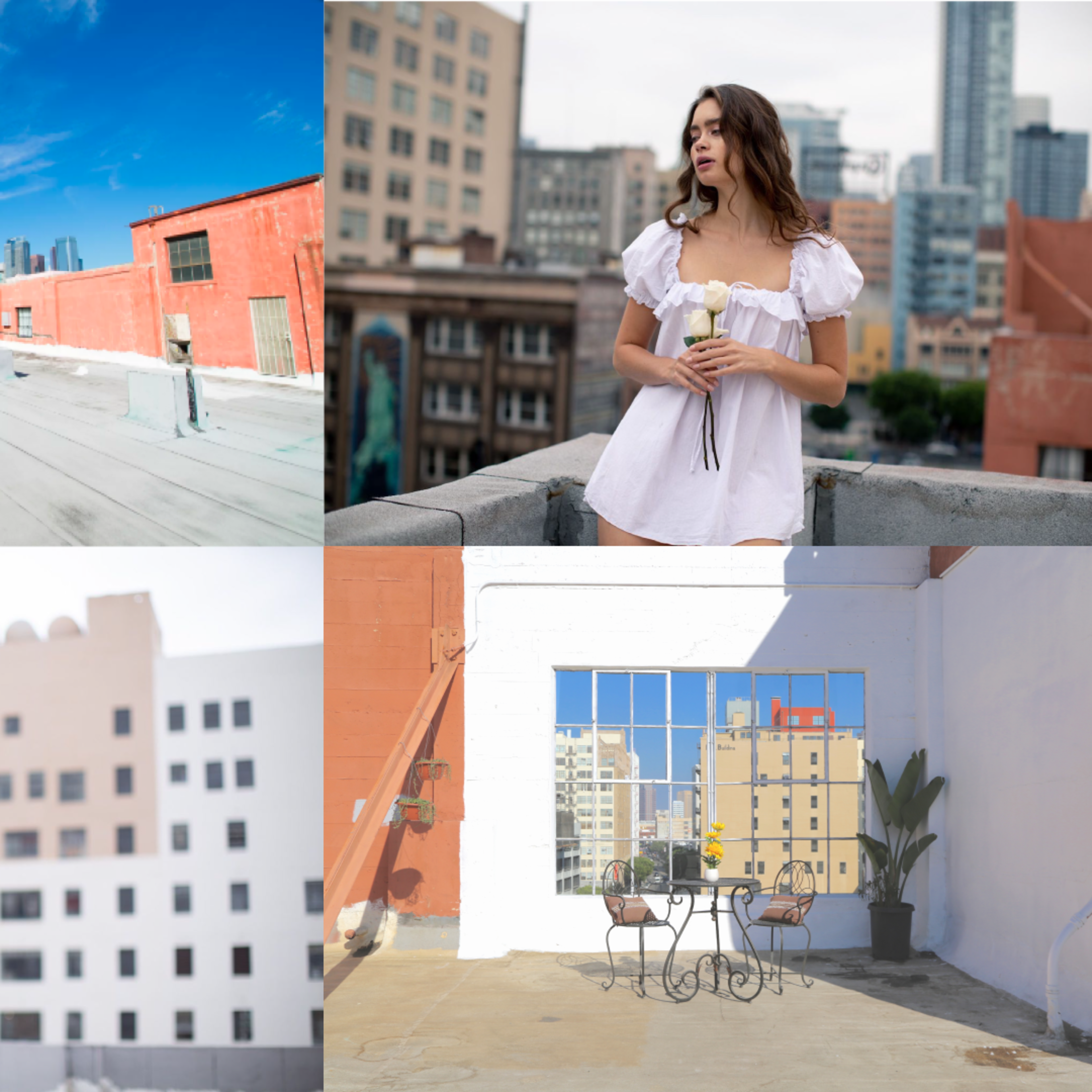 A rooftop setting with a city skyline in the background, featuring a woman in a white dress holding flowers, alongside various angles of the rooftop and buildings.