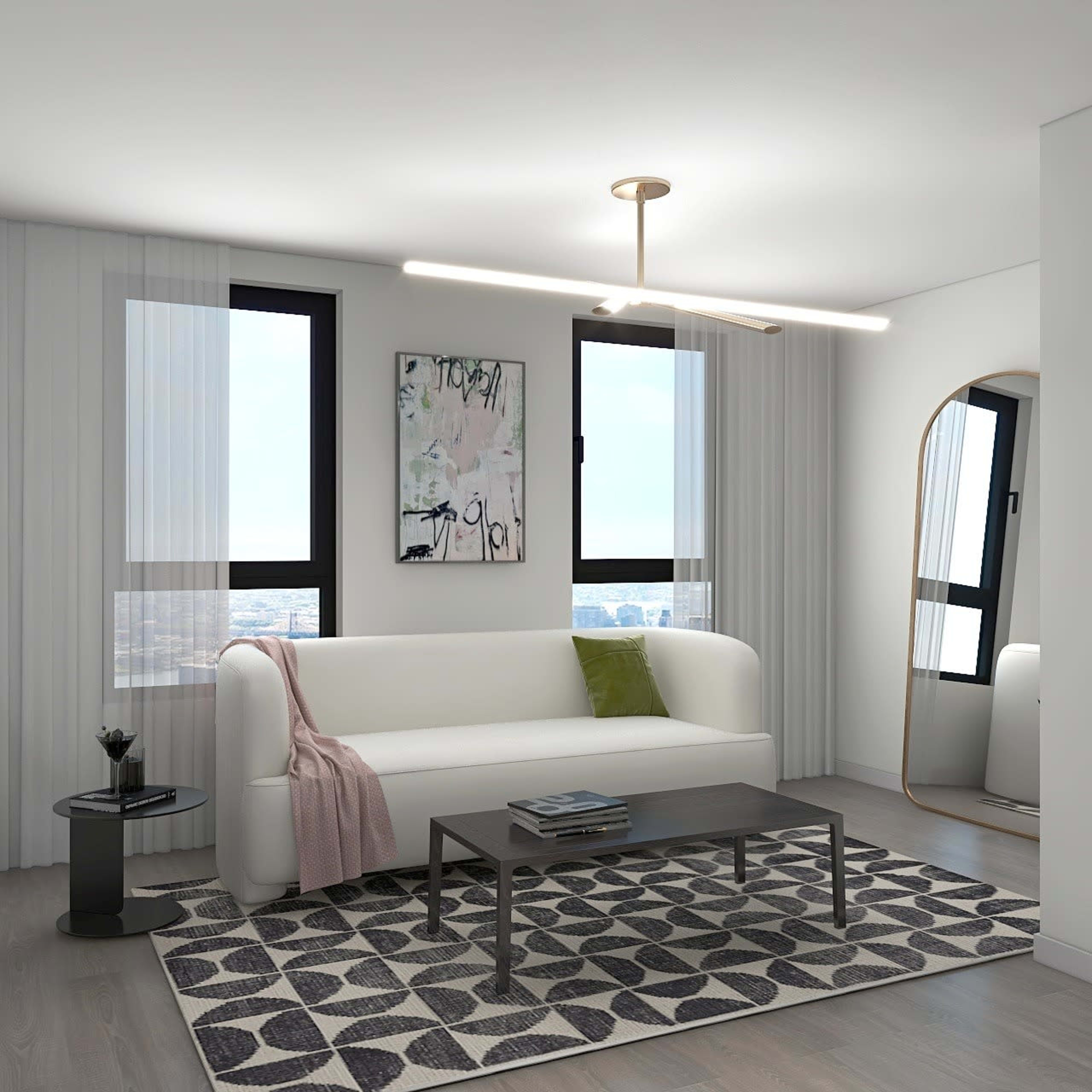 A modern living room features a white sofa, a patterned rug, a coffee table, and large windows with sheer curtains.