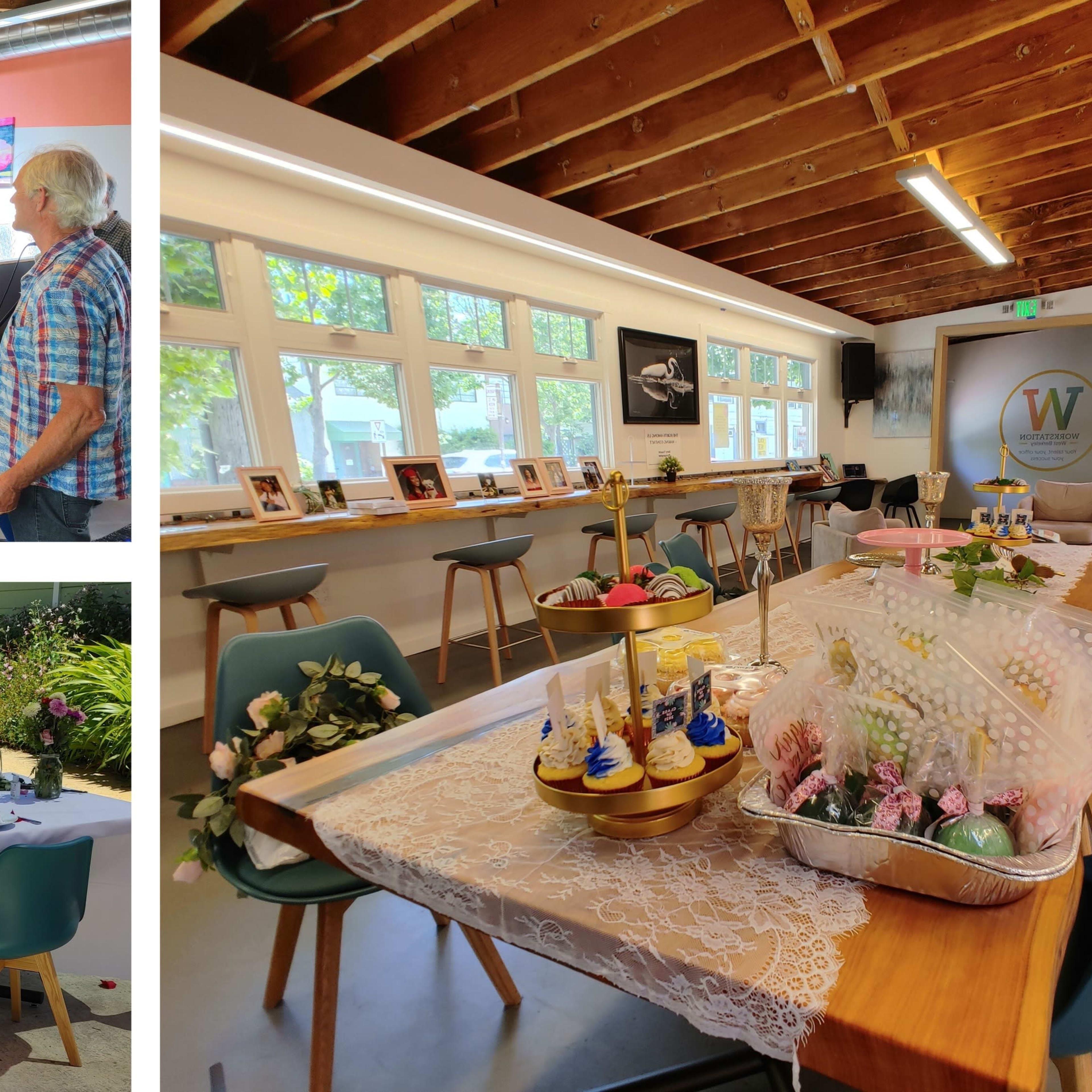 A gathering with people in a spacious indoor setting, along with an outdoor dining area decorated with tables for a celebration and a dessert display.