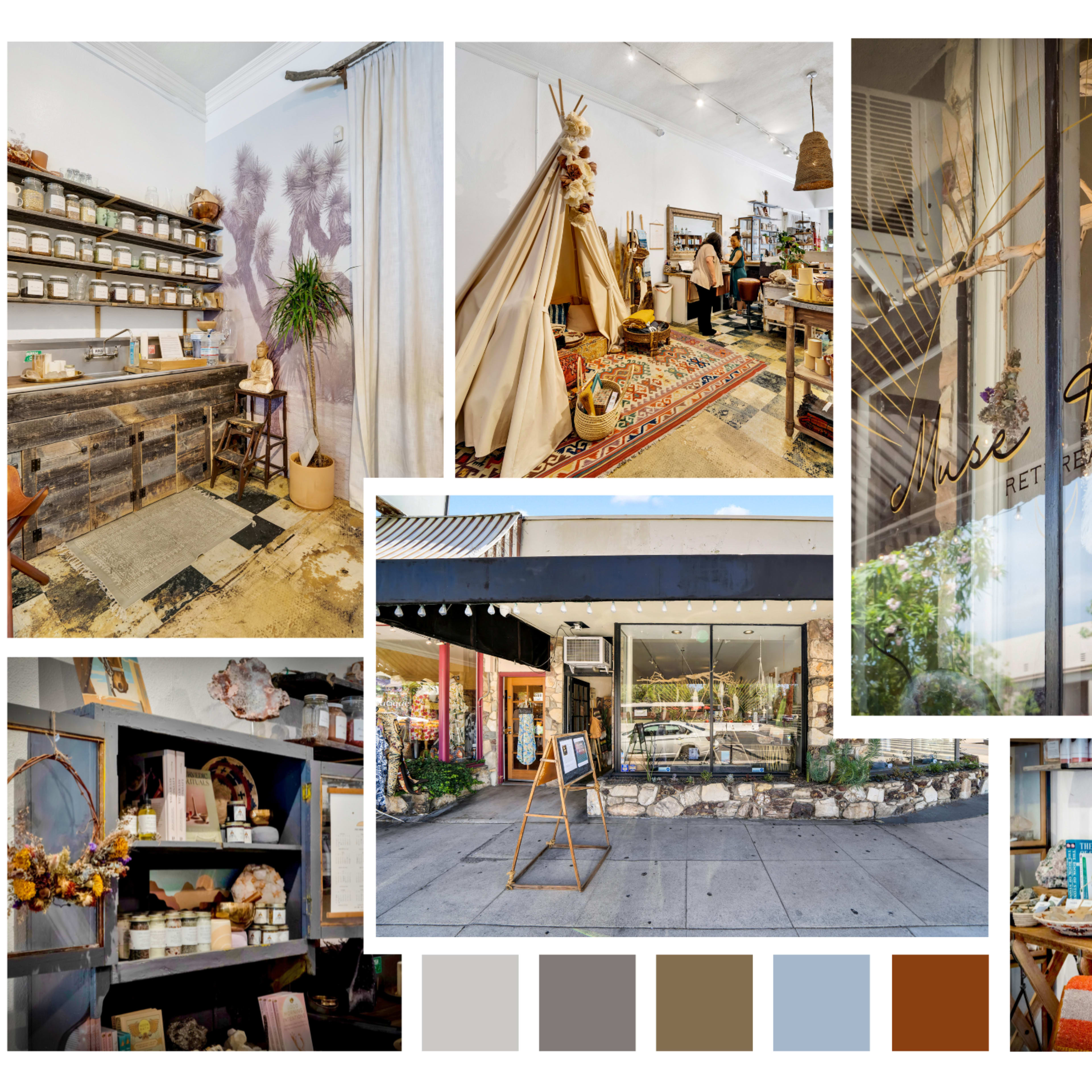 Features various interior and exterior views of a cozy retail space, showcasing shelves filled with products, a decorative teepee, and an inviting storefront with a sign.