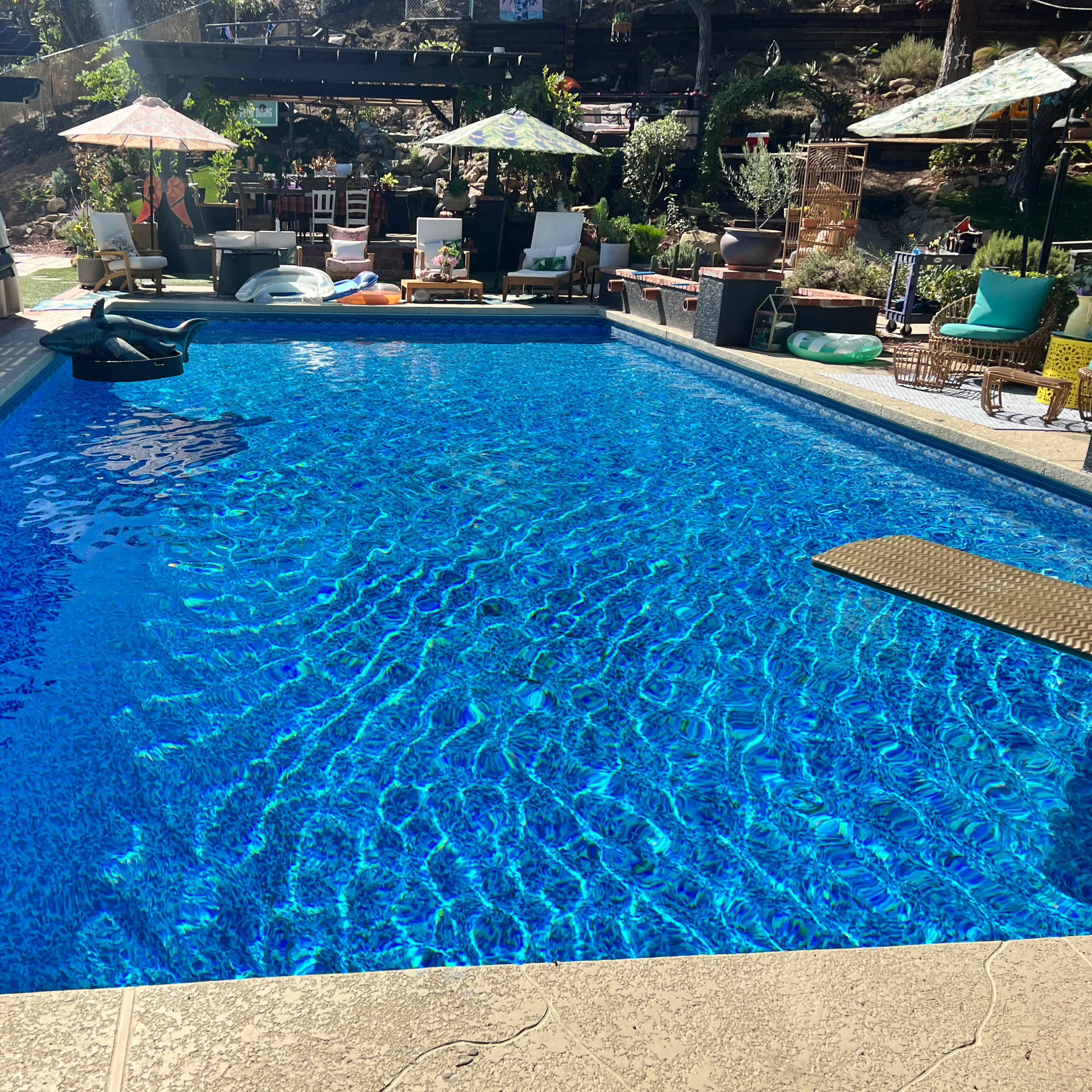 A clear blue swimming pool with a ladder, surrounded by lounge chairs and umbrellas in a landscaped outdoor area.