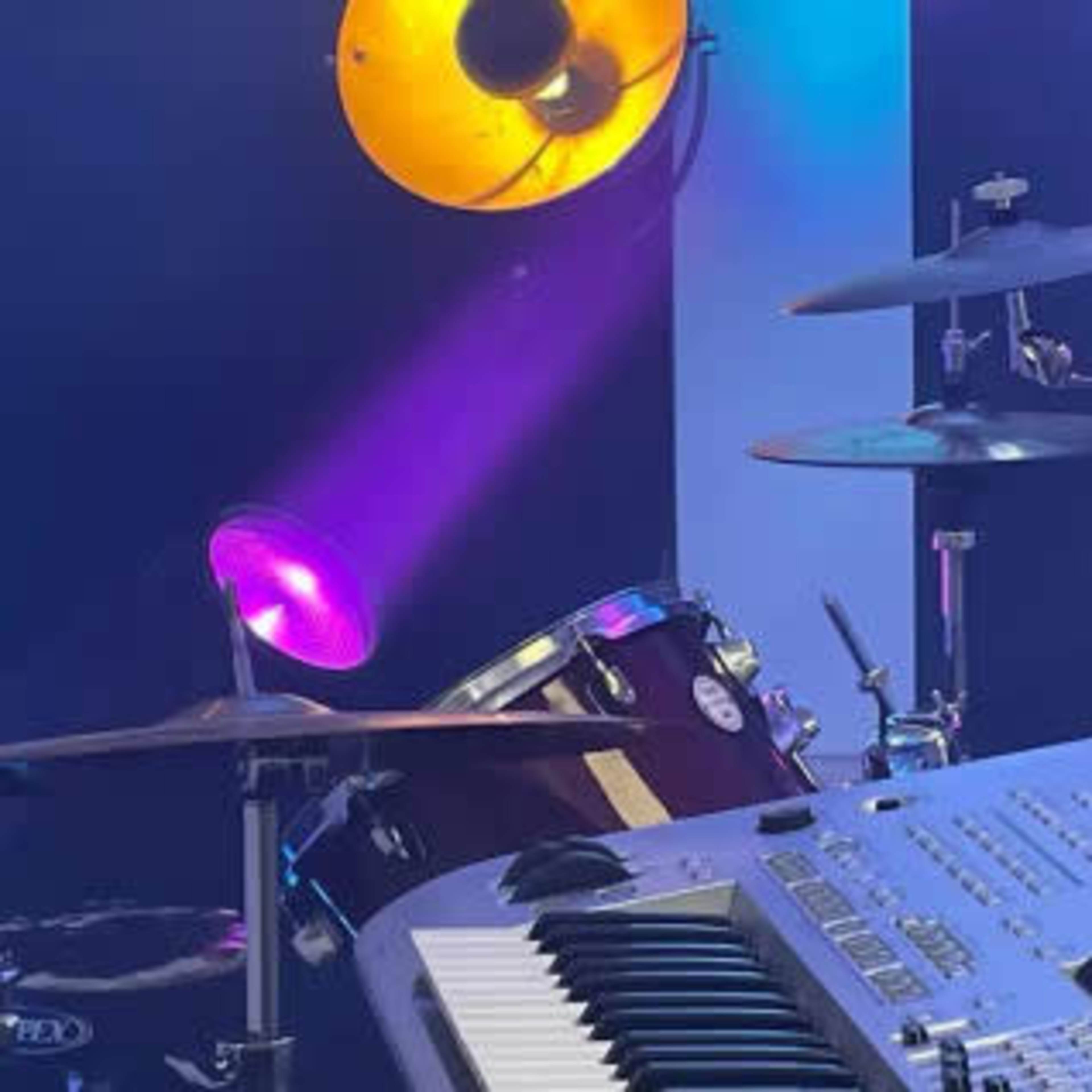 A music setup featuring a drum kit, a keyboard, and colorful stage lighting.