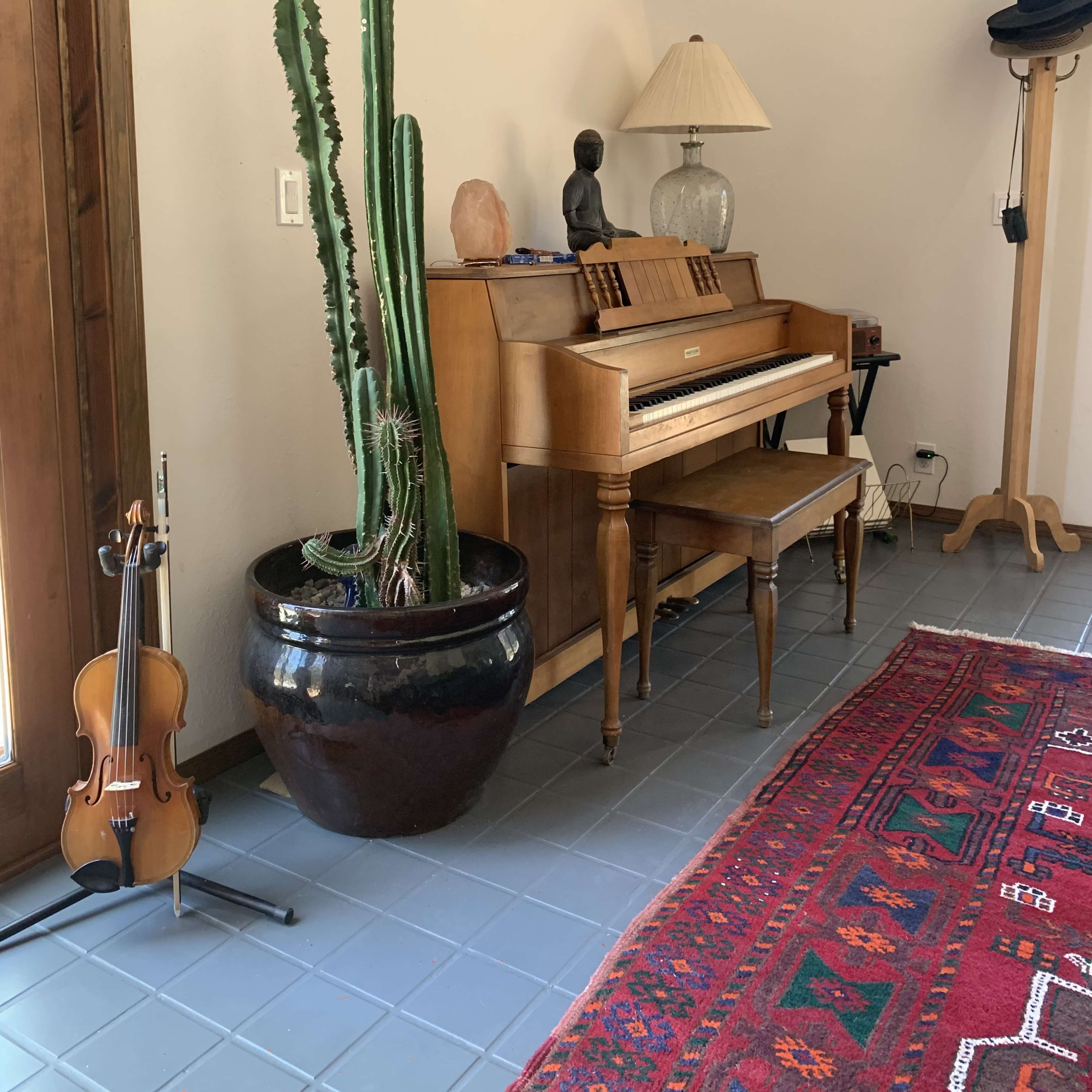 A wooden piano stands next to a tall cactus in a black pot, accompanied by a violin on a stand and a standing coat rack.