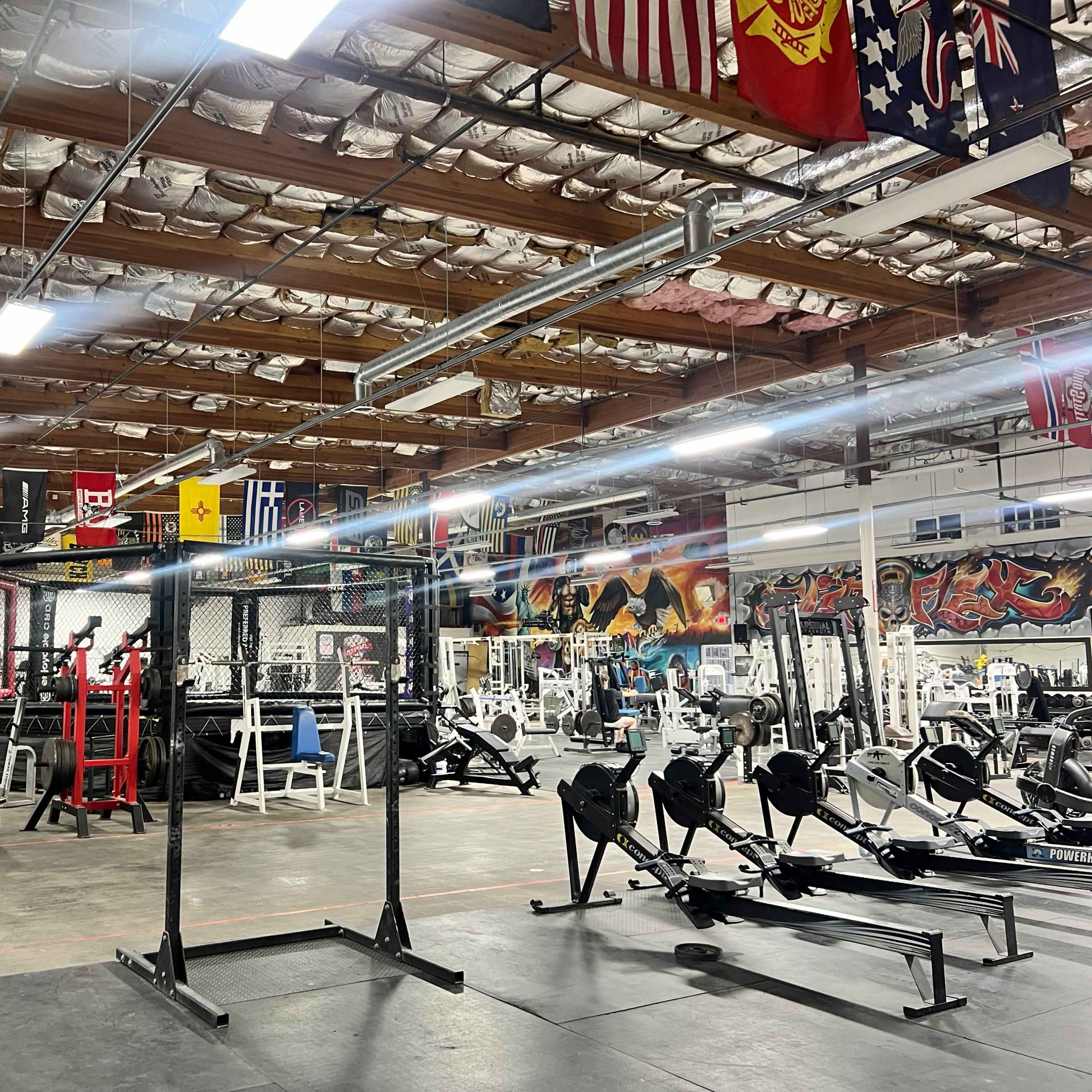 A spacious gym filled with various weightlifting equipment and workout machines, decorated with flags and murals on the walls.