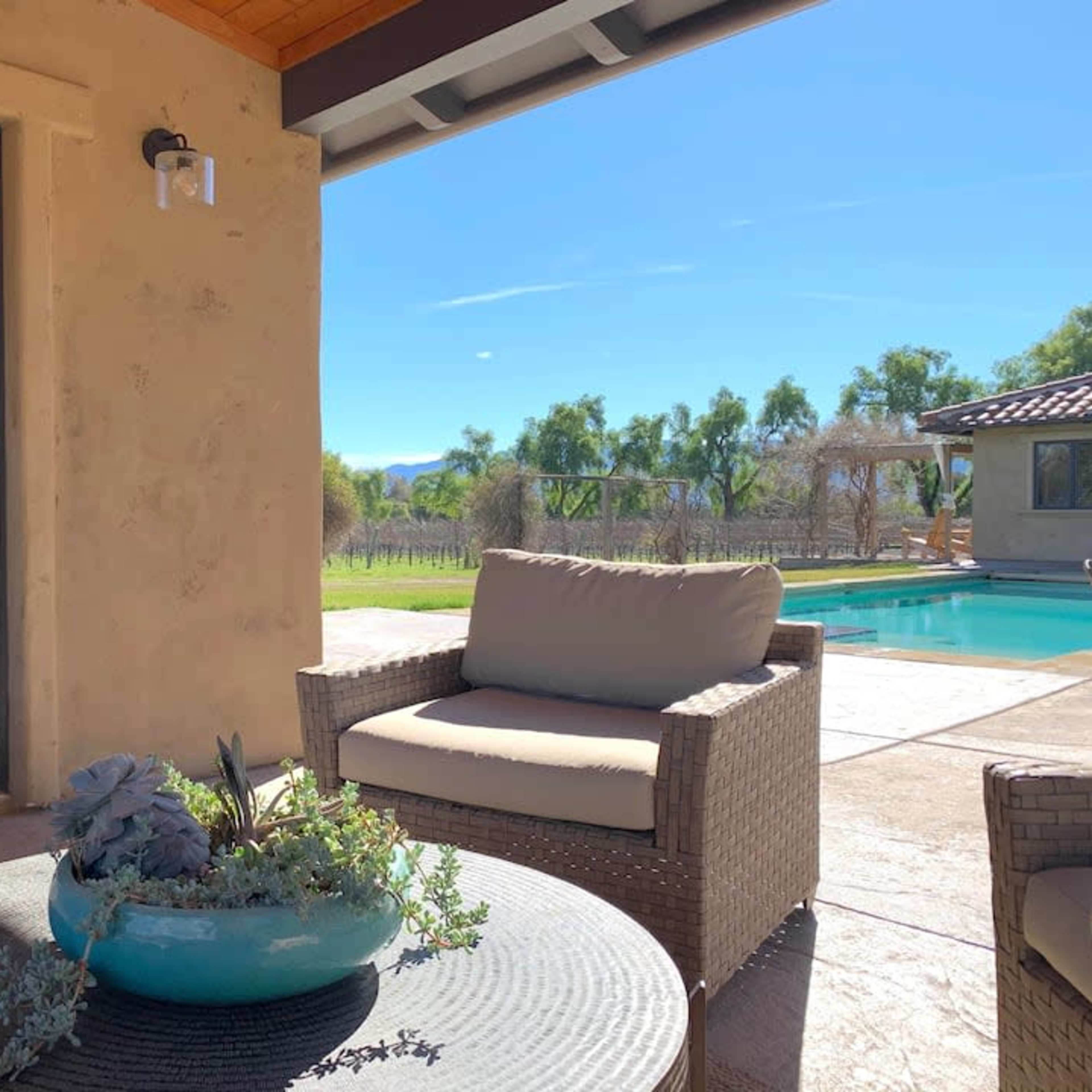 A patio area with wicker chairs and a table featuring a plant, overlooking a pool and a landscaped garden with trees in the background.