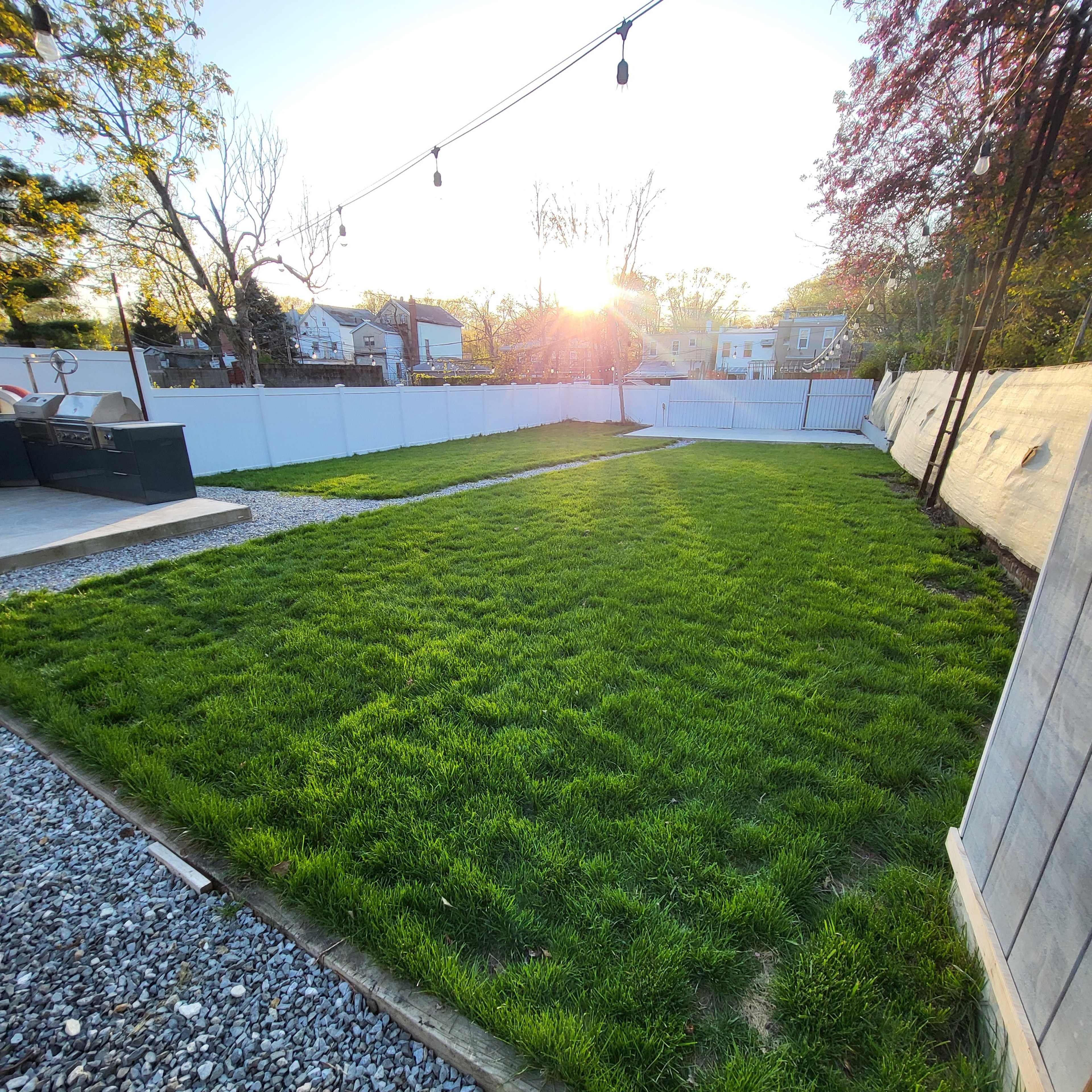 A well-maintained grassy backyard with a sunset in the background and string lights overhead.