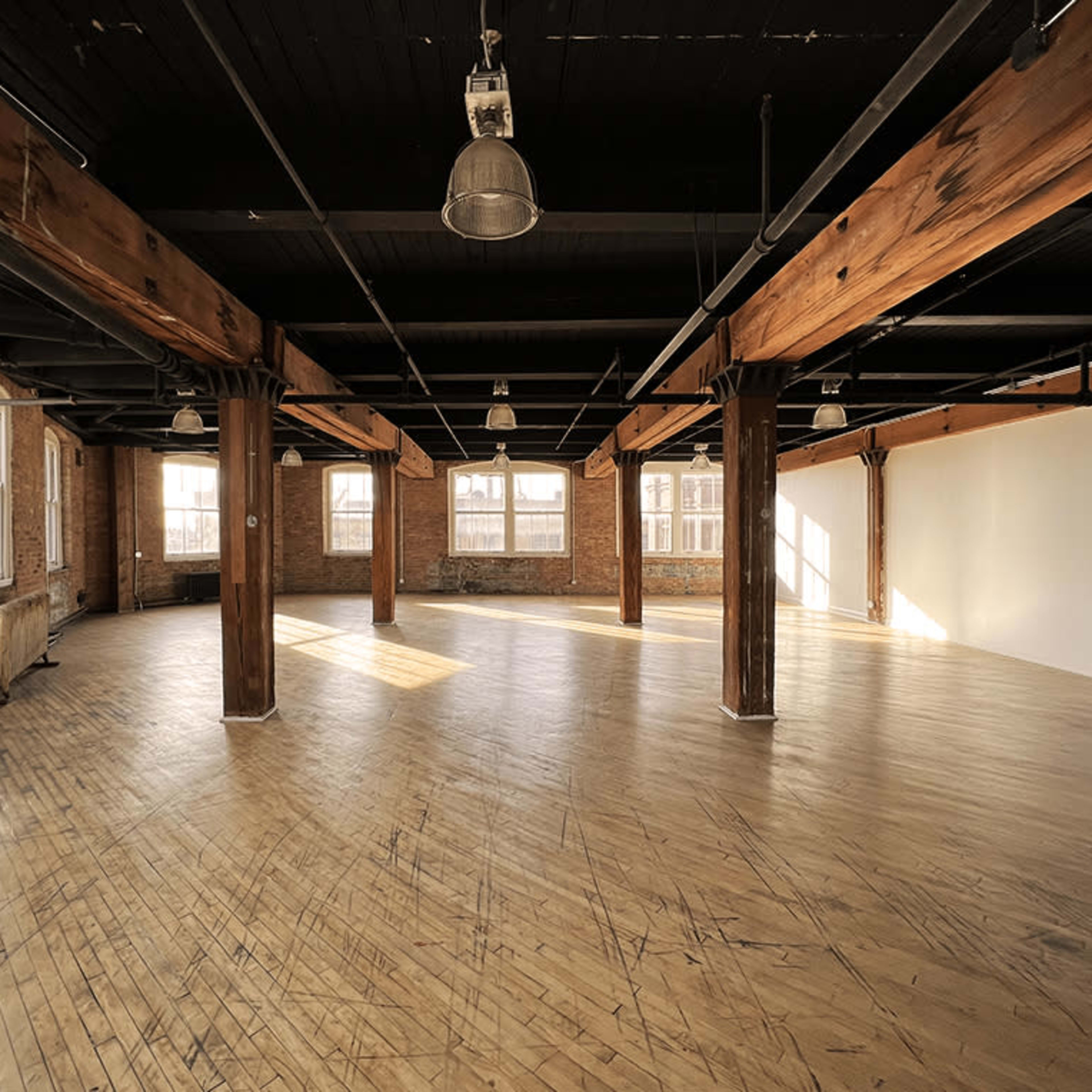 A spacious, empty room with wooden floors and large windows, accented by exposed beams and pillars.