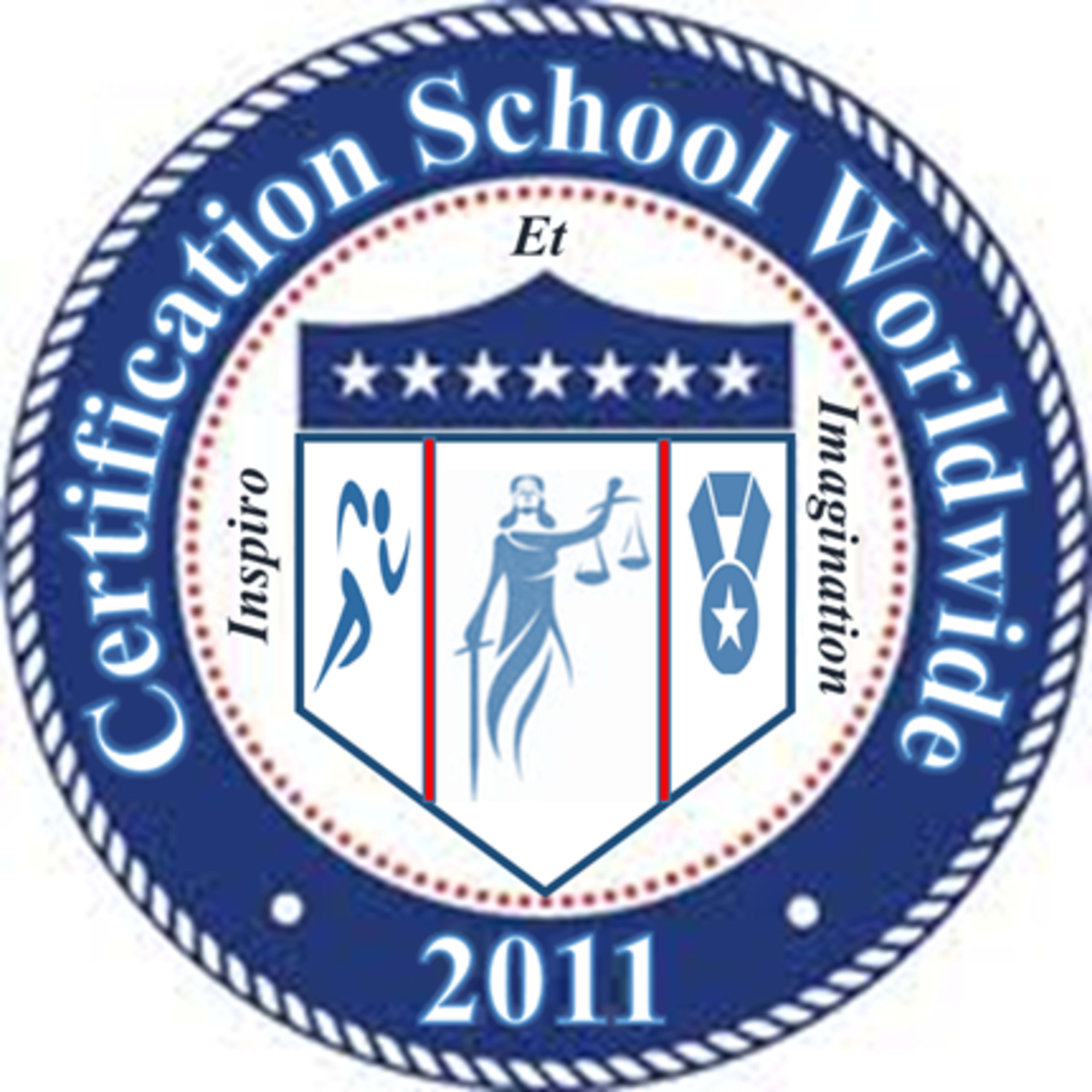 A circular emblem with the text "Certification School Worldwide 2011" and a central design that includes symbols representing education and achievement.