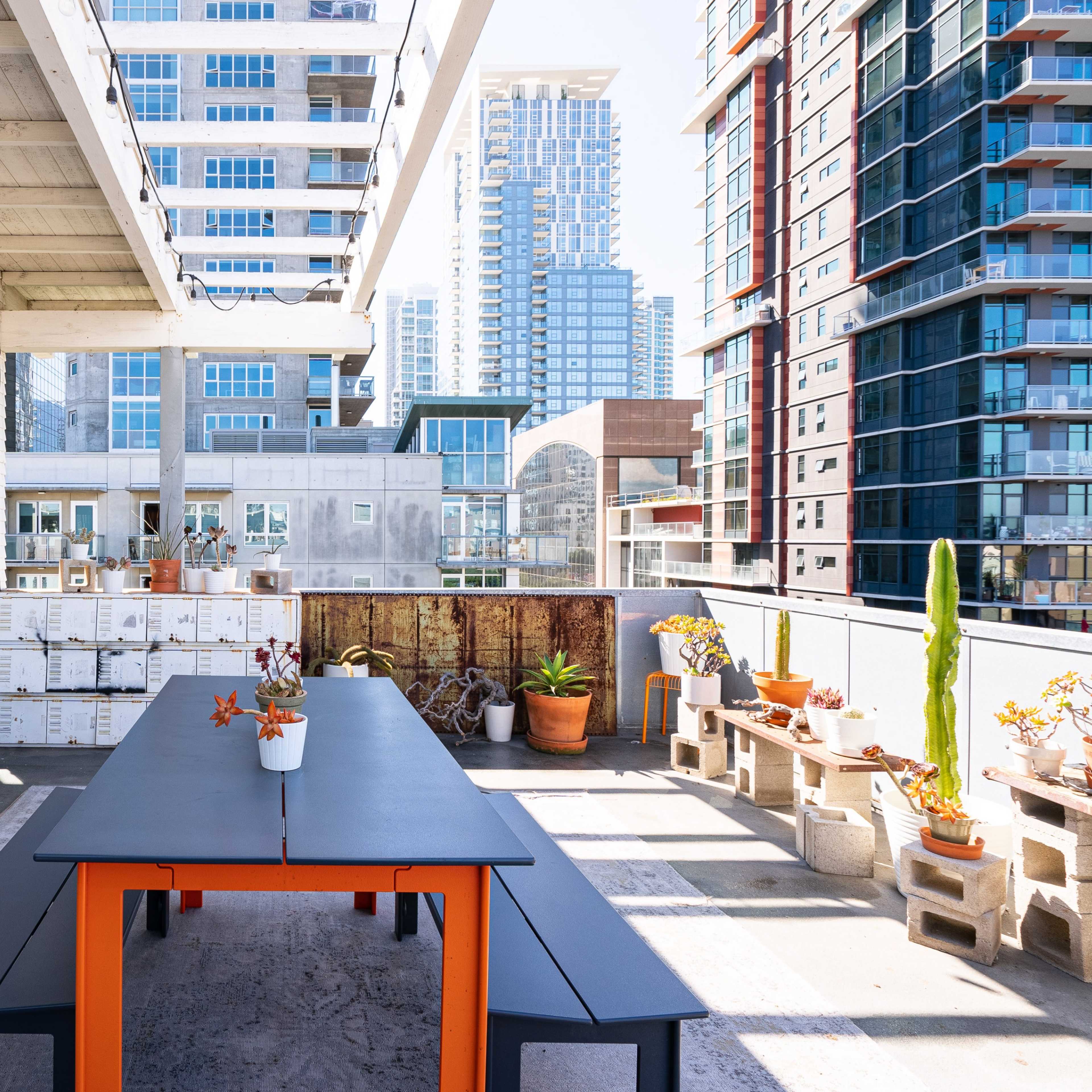 A rooftop terrace with a black table and benches, surrounded by potted plants and city buildings in the background.