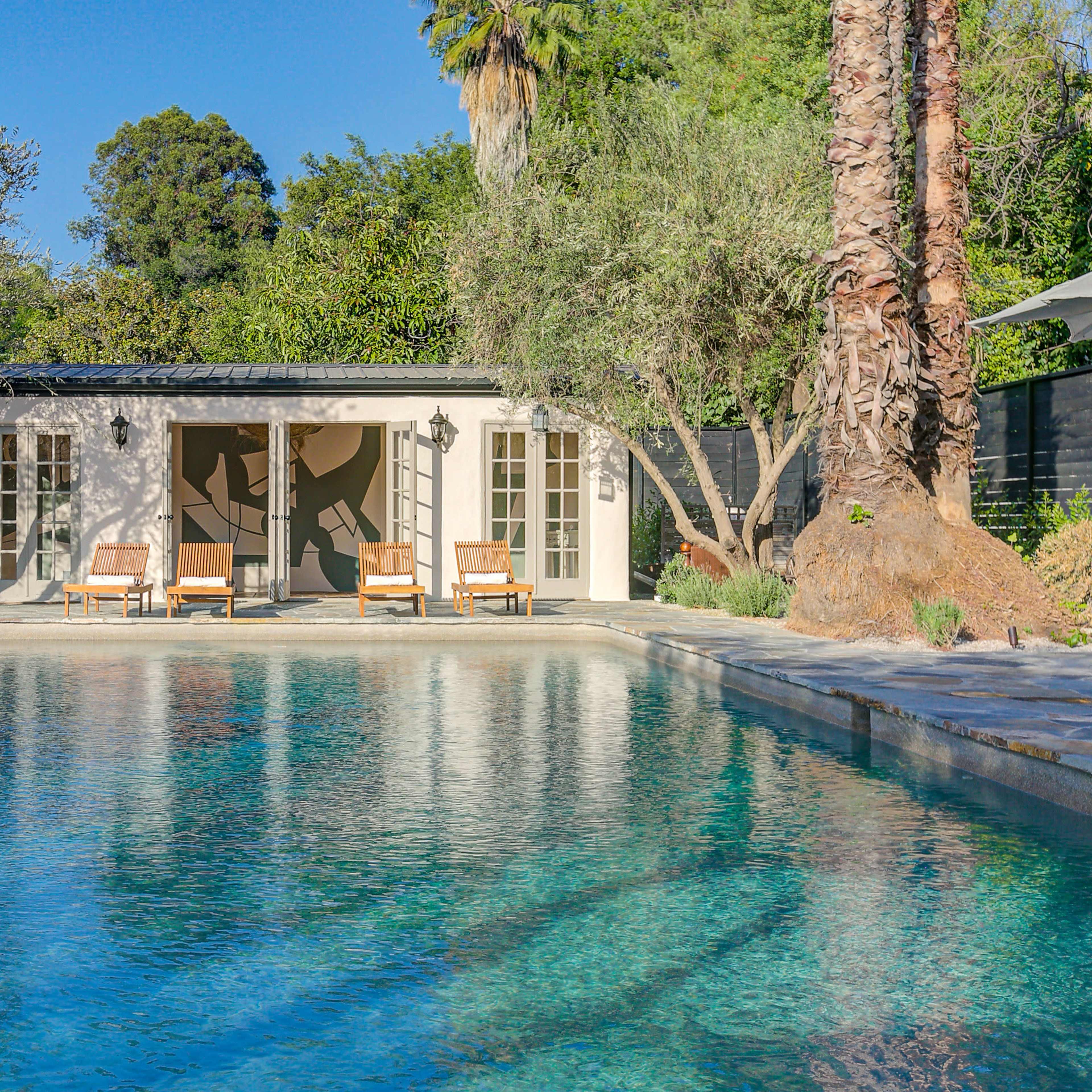 A rectangular swimming pool reflects a small building surrounded by palm and olive trees.